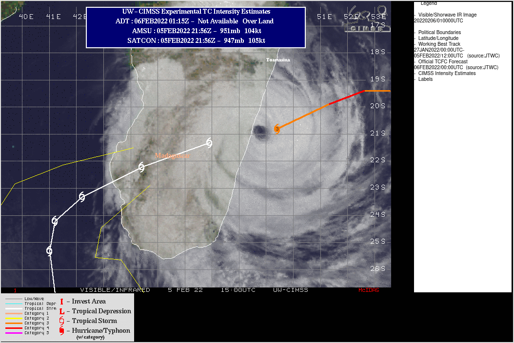 SATELLITE ANALYSIS, INITIAL POSITION AND INTENSITY DISCUSSION: TC 08S MADE LANDFALL ALONG THE COAST OF MADAGASCAR, JUST NORTH OF THE TOWN OF MANANJARY, AROUND 051700Z. AS THE SYSTEM WAS MAKING LANDFALL, THE EYE SHRUNK DOWN FROM 45-KM TO LESS THAN 22-KM, WHILE CLOUD TOP TEMPERATURES FELL TO -80C OR COLDER AND THE LAST OBSERVATION FROM MANANJARY AT 051500Z INDICATED SUSTAINED 10-MIN WINDS OF 90 KNOTS. HENCE, THE 051800Z INTENSITY WAS HELD AT 100 KNOTS THROUGH THE LANDFALL EVENT. SUBSEQUENTLY THE SYSTEM HAS MOVED OVER THE RUGGED TERRAIN OF SOUTH-CENTRAL MADAGASCAR AND BEGUN TO RAPIDLY WEAKEN. ANIMATED ENHANCED INFRARED (EIR) SATELLITE IMAGERY DEPICTS A RAPIDLY ERODING STRUCTURE, WITH DRAMATICALLY WARMER CLOUD TOP TEMPERATURES AND WEAK, FRAGMENTED BANDING. THE LACK OF RECENT MICROWAVE IMAGERY, SURFACE OBSERVATIONS OR RADAR DATA LEND ONLY LOW CONFIDENCE TO THE INITIAL POSITION. WITH THE POSITION OVER LAND, THERE ARE NO DVORAK-BASED INTENSITY ESTIMATES AND NEARBY SURFACE OBSERVATION POINTS ARE NOT REPORTING AT THIS TIME, THEREFORE THE INITIAL INTENSITY IS BASED STRICTLY OFF EXPECTED OR MODELED WEAKENING OVER COMPLEX TERRAIN, WITH LOW CONFIDENCE. SATELLITE ANALYSIS, INITIAL POSITION AND INTENSITY DISCUSSION: TC 08S MADE LANDFALL ALONG THE COAST OF MADAGASCAR, JUST NORTH OF THE TOWN OF MANANJARY, AROUND 051700Z. AS THE SYSTEM WAS MAKING LANDFALL, THE EYE SHRUNK DOWN FROM 45-KM TO LESS THAN 22-KM, WHILE CLOUD TOP TEMPERATURES FELL TO -80C OR COLDER AND THE LAST OBSERVATION FROM MANANJARY AT 051500Z INDICATED SUSTAINED 10-MIN WINDS OF 90 KNOTS. HENCE, THE 051800Z INTENSITY WAS HELD AT 100 KNOTS THROUGH THE LANDFALL EVENT. SUBSEQUENTLY THE SYSTEM HAS MOVED OVER THE RUGGED TERRAIN OF SOUTH-CENTRAL MADAGASCAR AND BEGUN TO RAPIDLY WEAKEN. ANIMATED ENHANCED INFRARED (EIR) SATELLITE IMAGERY DEPICTS A RAPIDLY ERODING STRUCTURE, WITH DRAMATICALLY WARMER CLOUD TOP TEMPERATURES AND WEAK, FRAGMENTED BANDING. THE LACK OF RECENT MICROWAVE IMAGERY, SURFACE OBSERVATIONS OR RADAR DATA LEND ONLY LOW CONFIDENCE TO THE INITIAL POSITION. WITH THE POSITION OVER LAND, THERE ARE NO DVORAK-BASED INTENSITY ESTIMATES AND NEARBY SURFACE OBSERVATION POINTS ARE NOT REPORTING AT THIS TIME, THEREFORE THE INITIAL INTENSITY IS BASED STRICTLY OFF EXPECTED OR MODELED WEAKENING OVER COMPLEX TERRAIN, WITH LOW CONFIDENCE.