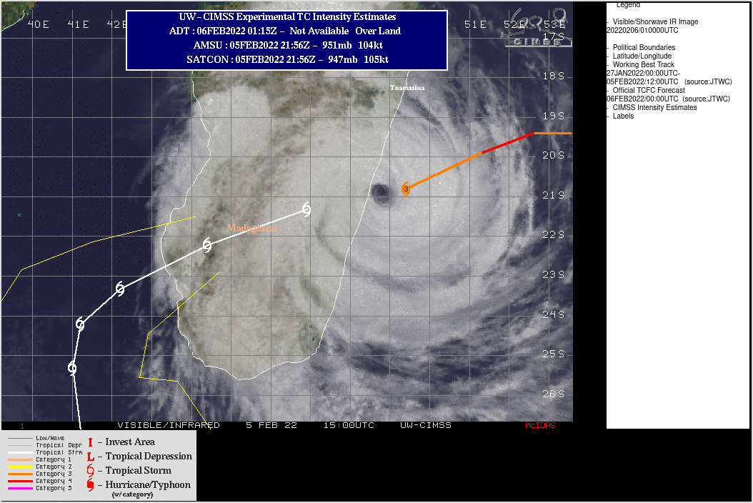 SATELLITE ANALYSIS, INITIAL POSITION AND INTENSITY DISCUSSION: TC 08S MADE LANDFALL ALONG THE COAST OF MADAGASCAR, JUST NORTH OF THE TOWN OF MANANJARY, AROUND 051700Z. AS THE SYSTEM WAS MAKING LANDFALL, THE EYE SHRUNK DOWN FROM 45-KM TO LESS THAN 22-KM, WHILE CLOUD TOP TEMPERATURES FELL TO -80C OR COLDER AND THE LAST OBSERVATION FROM MANANJARY AT 051500Z INDICATED SUSTAINED 10-MIN WINDS OF 90 KNOTS. HENCE, THE 051800Z INTENSITY WAS HELD AT 100 KNOTS THROUGH THE LANDFALL EVENT. SUBSEQUENTLY THE SYSTEM HAS MOVED OVER THE RUGGED TERRAIN OF SOUTH-CENTRAL MADAGASCAR AND BEGUN TO RAPIDLY WEAKEN. ANIMATED ENHANCED INFRARED (EIR) SATELLITE IMAGERY DEPICTS A RAPIDLY ERODING STRUCTURE, WITH DRAMATICALLY WARMER CLOUD TOP TEMPERATURES AND WEAK, FRAGMENTED BANDING. THE LACK OF RECENT MICROWAVE IMAGERY, SURFACE OBSERVATIONS OR RADAR DATA LEND ONLY LOW CONFIDENCE TO THE INITIAL POSITION. WITH THE POSITION OVER LAND, THERE ARE NO DVORAK-BASED INTENSITY ESTIMATES AND NEARBY SURFACE OBSERVATION POINTS ARE NOT REPORTING AT THIS TIME, THEREFORE THE INITIAL INTENSITY IS BASED STRICTLY OFF EXPECTED OR MODELED WEAKENING OVER COMPLEX TERRAIN, WITH LOW CONFIDENCE.