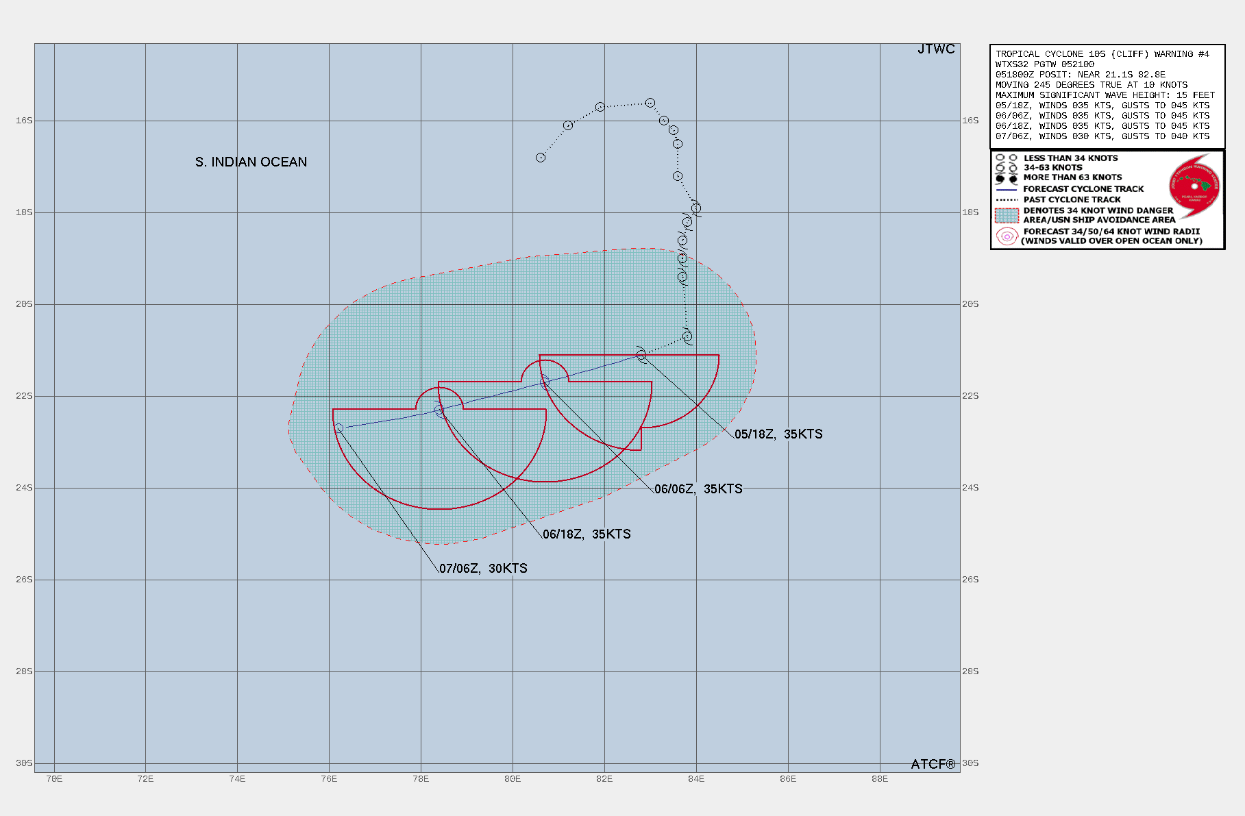 FORECAST REASONING.  SIGNIFICANT FORECAST CHANGES: THERE ARE NO SIGNIFICANT CHANGES TO THE FORECAST FROM THE PREVIOUS WARNING.  FORECAST DISCUSSION: AS TC 10S HAS WEAKENED, THE PRIMARY STEERING MECHANISM HAS SHIFTED OVER TO THE LOW TO MID-LEVEL SUBTROPICAL RIDGE (STR) TO THE SOUTH AND TC 10S HAS TURNED SHARPLY WESTWARD IN THE LAST 6-12 HOURS. NO SIGNIFICANT CHANGE IS EXPECTED IN THIS TRACK THROUGH THE FORECAST PERIOD. THE PRESENCE OF LOW TO MID-LEVEL STABLE, DRY AIR, AS REVEALED BY THE LARGE STRATOCUMULUS FIELD TO THE SOUTH, IS BEING WRAPPED INTO THE CORE OF THE SYSTEM. COMBINED WITH MODERATE AND INCREASING NORTHERLY SHEAR, AND STEADILY DECREASING SSTS, TC 10S IS FORECAST TO STEADILY, IF SOMEWHAT SLOWLY, WEAKEN OVER THE NEXT 36 HOURS, DIPPING BELOW WARNING THRESHOLD NO LATER THAN 36H. FORECAST REASONING.  SIGNIFICANT FORECAST CHANGES: THERE ARE NO SIGNIFICANT CHANGES TO THE FORECAST FROM THE PREVIOUS WARNING.  FORECAST DISCUSSION: AS TC 10S HAS WEAKENED, THE PRIMARY STEERING MECHANISM HAS SHIFTED OVER TO THE LOW TO MID-LEVEL SUBTROPICAL RIDGE (STR) TO THE SOUTH AND TC 10S HAS TURNED SHARPLY WESTWARD IN THE LAST 6-12 HOURS. NO SIGNIFICANT CHANGE IS EXPECTED IN THIS TRACK THROUGH THE FORECAST PERIOD. THE PRESENCE OF LOW TO MID-LEVEL STABLE, DRY AIR, AS REVEALED BY THE LARGE STRATOCUMULUS FIELD TO THE SOUTH, IS BEING WRAPPED INTO THE CORE OF THE SYSTEM. COMBINED WITH MODERATE AND INCREASING NORTHERLY SHEAR, AND STEADILY DECREASING SSTS, TC 10S IS FORECAST TO STEADILY, IF SOMEWHAT SLOWLY, WEAKEN OVER THE NEXT 36 HOURS, DIPPING BELOW WARNING THRESHOLD NO LATER THAN 36H.