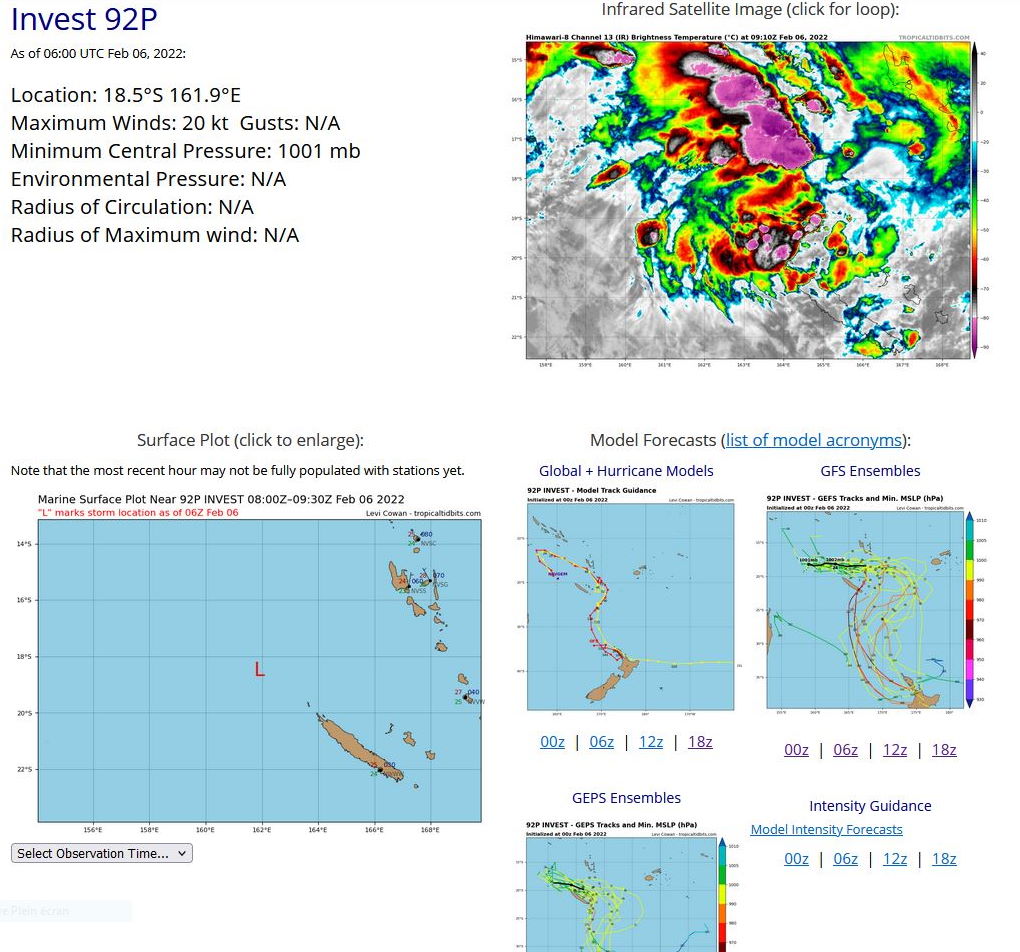THE AREA OF CONVECTION (INVEST 92P) PREVIOUSLY LOCATED  NEAR 17.7S 153.2E IS NOW LOCATED NEAR 18.4S 160.0E, APPROXIMATELY  890KM WEST OF PORT VILA, VANUATU. ANIMATED MULTISPECTRAL SATELLITE  IMAGERY CONTINUES TO DEPICT A POORLY-ORGANIZED AND ELONGATED  DISTURBANCE EMBEDDED WITHIN A WEST-NORTHWEST TO EAST-SOUTHEAST  ORIENTED FRONTAL TROUGH. A 060252Z AMSR2 36GHZ COLOR COMPOSITE  MICROWAVE IMAGE REVEALS NO DISCERNIBLE LOW-LEVEL CIRCULATION WITH  HIGHLY DISORGANIZED SHALLOW BANDS OF CONVECTION ACROSS THE CORAL  SEA. THE DISTURBANCE IS LOCATED WITHIN MODERATE NORTHWESTERLY FLOW  ALONG THE SOUTHWESTERN PERIPHERY OF AN UPPER-LEVEL RIDGE. VERTICAL  WIND SHEAR REMAINS LOW TO MODERATE WITH WARM SEA SURFACE  TEMPERATURES OF 29-30 DEGREES CELSIUS. THE DISTURBANCE IS EXPECTED  TO TRACK EAST-SOUTHEASTWARD TOWARD VANUATU ALONG THIS FRONTAL  BOUNDARY FOR THE NEXT 12 HOURS WITHIN A MARGINALLY FAVORABLE  ENVIRONMENT. WITHIN THE NEXT 12 TO 24 HOURS, NUMERICAL MODELS  GENERALLY AGREE THAT SOME DEVELOPMENT WILL OCCUR AS THE DISTURBANCE  TRACKS UNDER A MORE FAVORABLE UPPER-LEVEL ENVIRONMENT BENEATH THE  BROAD UPPER-LEVEL RIDGE. THIS ZONE WILL BE MONITORED CLOSELY, AS A  COMPLEX ENVIRONMENT COULD LEAD TO MULTIPLE CIRCULATIONS FORMING IN  CLOSE PROXIMITY WITHIN THE SOUTH PACIFIC CONVERGENCE ZONE IN THE  GENERAL VICINITY OF NEW CALEDONIA, VANUATU, FIJI, AND TONGA DURING  THE NEXT SEVERAL DAYS. MAXIMUM SUSTAINED SURFACE WINDS ARE ESTIMATED  AT 20 TO 25 KNOTS. MINIMUM SEA LEVEL PRESSURE IS ESTIMATED TO BE  NEAR 999 MB. THE POTENTIAL FOR THE DEVELOPMENT OF A SIGNIFICANT  TROPICAL CYCLONE WITHIN THE NEXT 24 HOURS REMAINS LOW THE AREA OF CONVECTION (INVEST 92P) PREVIOUSLY LOCATED  NEAR 17.7S 153.2E IS NOW LOCATED NEAR 18.4S 160.0E, APPROXIMATELY  890KM WEST OF PORT VILA, VANUATU. ANIMATED MULTISPECTRAL SATELLITE  IMAGERY CONTINUES TO DEPICT A POORLY-ORGANIZED AND ELONGATED  DISTURBANCE EMBEDDED WITHIN A WEST-NORTHWEST TO EAST-SOUTHEAST  ORIENTED FRONTAL TROUGH. A 060252Z AMSR2 36GHZ COLOR COMPOSITE  MICROWAVE IMAGE REVEALS NO DISCERNIBLE LOW-LEVEL CIRCULATION WITH  HIGHLY DISORGANIZED SHALLOW BANDS OF CONVECTION ACROSS THE CORAL  SEA. THE DISTURBANCE IS LOCATED WITHIN MODERATE NORTHWESTERLY FLOW  ALONG THE SOUTHWESTERN PERIPHERY OF AN UPPER-LEVEL RIDGE. VERTICAL  WIND SHEAR REMAINS LOW TO MODERATE WITH WARM SEA SURFACE  TEMPERATURES OF 29-30 DEGREES CELSIUS. THE DISTURBANCE IS EXPECTED  TO TRACK EAST-SOUTHEASTWARD TOWARD VANUATU ALONG THIS FRONTAL  BOUNDARY FOR THE NEXT 12 HOURS WITHIN A MARGINALLY FAVORABLE  ENVIRONMENT. WITHIN THE NEXT 12 TO 24 HOURS, NUMERICAL MODELS  GENERALLY AGREE THAT SOME DEVELOPMENT WILL OCCUR AS THE DISTURBANCE  TRACKS UNDER A MORE FAVORABLE UPPER-LEVEL ENVIRONMENT BENEATH THE  BROAD UPPER-LEVEL RIDGE. THIS ZONE WILL BE MONITORED CLOSELY, AS A  COMPLEX ENVIRONMENT COULD LEAD TO MULTIPLE CIRCULATIONS FORMING IN  CLOSE PROXIMITY WITHIN THE SOUTH PACIFIC CONVERGENCE ZONE IN THE  GENERAL VICINITY OF NEW CALEDONIA, VANUATU, FIJI, AND TONGA DURING  THE NEXT SEVERAL DAYS. MAXIMUM SUSTAINED SURFACE WINDS ARE ESTIMATED  AT 20 TO 25 KNOTS. MINIMUM SEA LEVEL PRESSURE IS ESTIMATED TO BE  NEAR 999 MB. THE POTENTIAL FOR THE DEVELOPMENT OF A SIGNIFICANT  TROPICAL CYCLONE WITHIN THE NEXT 24 HOURS REMAINS LOW