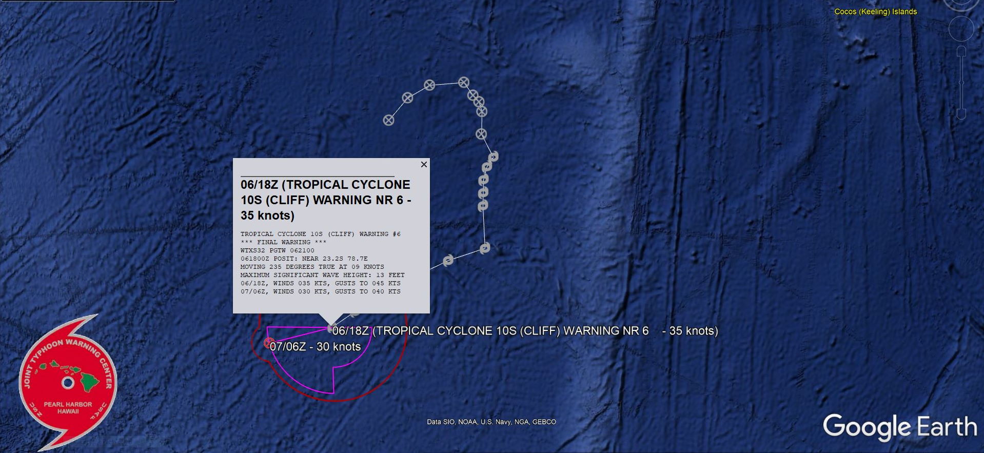 062100Z POSITION NEAR 23.3S 78.2E. 06FEB22. TROPICAL CYCLONE 10S (CLIFF), LOCATED APPROXIMATELY 1900 KM SOUTH-SOUTHEAST OF DIEGO GARCIA, HAS TRACKED SOUTHWESTWARD AT 17 KM/H OVER THE PAST SIX HOURS. ANIMATED SHORTWAVE INFRARED  SATELLITE IMAGERY DEPICTS A FULLY EXPOSED LOW LEVEL CIRCULATION  CENTER (LLCC), WHICH IS DEVOID OF ANY SIGNIFICANT CONVECTION. THE  INITIAL POSITION IS ASSESSED WITH HIGH CONFIDENCE BASED ON A 061705Z  MODIS TERRA INFRARED IMAGE, WHICH ELIMINATED THE LIMB ISSUES  ASSOCIATED WITH THE METEOSAT-8 AND HIMWARI-8 IMAGERY. THE INITIAL  INTENSITY IS SET WITH LOW CONFIDENCE AT A GENEROUS 35 KNOTS, IN LINE  WITH EARLIER ASCAT DATA AND THE ADT ESTIMATE. THE SYSTEM IS TRACKING  WEST-SOUTHWESTWARD ALONG THE NORTHERN SIDE OF A DEEP SUBTROPICAL  RIDGE (STR) TO THE SOUTH. TC 10S IS STEADILY WEAKENING AS IT SPINS  DOWN, HAVING BEEN OVERWHELMED BY DRY AIR AND STRONG VERTICAL WINDS  SHEAR. THE SYSTEM IS EXPECTED TO WEAKEN TO 30 KNOTS WITHIN THE NEXT  12 HOURS. THE REMNANT CIRCULATION IS EXPECTED TO CONTINUE TRACKING  WESTWARD FOR SEVERAL DAYS AFTER DIPPING BELOW THE 35 KNOT WARNING  THRESHOLD. THIS IS THE FINAL WARNING ON THIS SYSTEM BY THE JOINT  TYPHOON WRNCEN PEARL HARBOR HI.