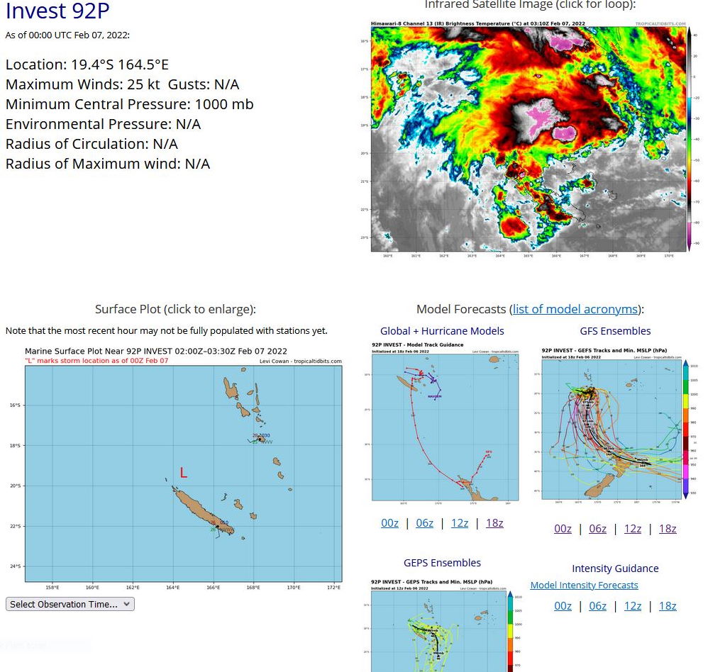 THE AREA OF CONVECTION (INVEST 92P) PREVIOUSLY LOCATED  NEAR 18.4S 160.0E IS NOW LOCATED NEAR 19.7S 165.9E, APPROXIMATELY  330KM SOUTHWEST OF PORT VILA, VANUATU. ANIMATED MULTISPECTRAL  SATELLITE IMAGERY DEPICTS A SLOWLY-CONSOLIDATING, PARTIALLY-EXPOSED  LOW-LEVEL CIRCULATION (LLC) WITH FORMATIVE BANDING OVER THE NORTHERN  SEMICIRCLE AND FLARING DEEP CONVECTION OBSCURING THE CENTER. A  070233Z ATMS 88.2GHZ MICROWAVE IMAGE REVEALS SHALLOW BANDING  WRAPPING INTO A DEFINED CENTER WITH LIMITED DEEP CONVECTIVE BANDING  OVER THE NORTHERN QUADRANT. UPPER-ANALYSIS REVEALS A POINT SOURCE TO  THE SOUTHEAST, WHICH IS PRODUCING VIGOROUS EQUATORWARD OUTFLOW BUT  MODERATE TO HIGH (20-30 KNOTS) VERTICAL WIND SHEAR. SEA SURFACE  TEMPERATURES ARE FAVORABLE AT 28-29C. OVER THE NEXT TWO DAYS, GLOBAL  MODELS SHOW AN INITIAL SOUTHEASTWARD TRACK THEN QUASI-STATIONARY  PERIOD EAST OF NEW CALEDONIA WITH STEADY INTENSIFICATION AND  DEVELOPMENT OF AN EXTENSIVE SWATH OF GALE-FORCE WINDS OVER THE  EASTERN SEMICIRCLE. THIS REGION WILL BE MONITORED CLOSELY AS THE  GLOBAL MODELS INDICATE ANOTHER TROPICAL DISTURBANCE DEVELOPING NEAR  FIJI DURING THE NEXT TWO DAYS WITHIN THE SOUTH PACIFIC CONVERGENCE  ZONE (SPCZ), WHICH EXTENDS EAST INTO THE TONGA AREA (THIS MAY  PRODUCE SIGNIFICANT RAINFALL OVER THE TONGA REGION). MAXIMUM  SUSTAINED SURFACE WINDS ARE ESTIMATED AT 20 TO 25 KNOTS. MINIMUM SEA  LEVEL PRESSURE IS ESTIMATED TO BE NEAR 999 MB. THE POTENTIAL FOR THE  DEVELOPMENT OF A SIGNIFICANT TROPICAL CYCLONE WITHIN THE NEXT 24  HOURS IS UPGRADED TO MEDIUM.