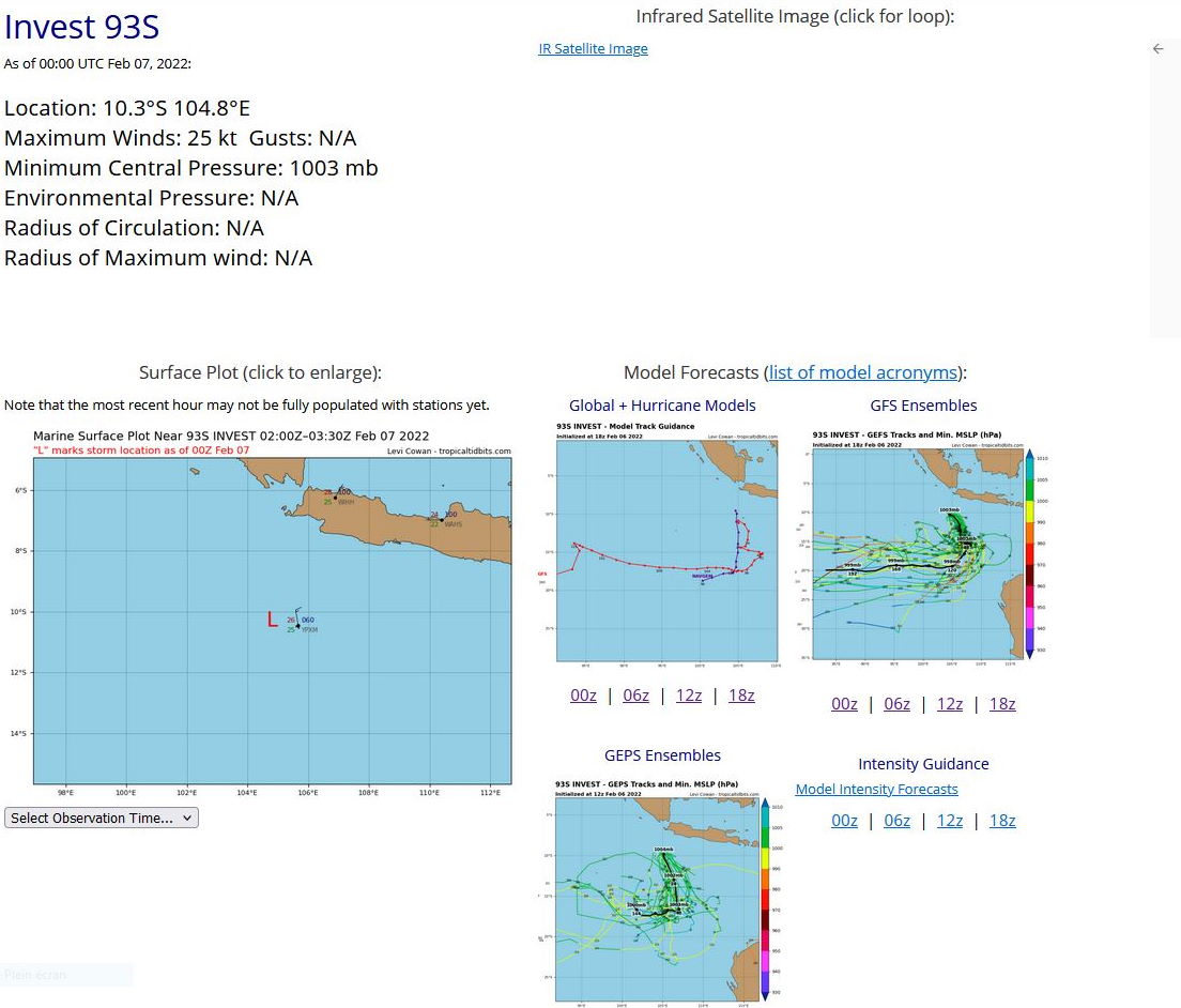 AN AREA OF CONVECTION (INVEST 93S) HAS PERSISTED NEAR  10.5S 105.1E, APPROXIMATELY 50 KM WEST OF CHRISTMAS ISLAND. ANIMATED  MULTISPECTRAL SATELLITE IMAGERY SHOWS AN EXPOSED, WELL-DEFINED LOW  LEVEL CIRCULATION WITH PERSISTENT, DISORGANIZED DEEP CONVECTION IN  THE SOUTHWESTERN SECTOR. A 070159Z METOP-B IMAGE REVEALS A  CONSOLIDATING WIND FIELD WITH 25-30KT WINDS IN THE SOUTHWESTERN AND  NORTHEASTERN QUADRANTS. OVER THE PAST 24 HOURS, CHRISTMAS ISLAND IS  REPORTING INCREASING NORTHERLY SURFACE WINDS, CURRENTLY 15KTS  SUSTAINED GUSTING TO 25KTS, WITH A 2 MB SEA LEVEL PRESSURE DROP.  ENVIRONMENTAL ANALYSIS INDICATES THE INVEST IS IN A MARGINALLY  FAVORABLE ENVIRONMENT WITH FAIR POLEWARD OUTFLOW AND HIGH (29-30C)  SEA SURFACE TEMPERATURES OFFSET BY HIGH (30-40KT) VWS. ALTHOUGH  GLOBAL MODELS INDICATE A SOUTHWARD TRACK AND SLOW DEVELOPMENT AS THE  UPPER-LEVEL ENVIRONMENT IMPROVES OVER THE NEXT TWO DAYS, INVEST 93S  IS A COMPACT, WELL-DEFINED AND SHALLOW SYSTEM WHICH MAY NOT BE  RESOLVED WELL BY THE GLOBAL MODELS. MAXIMUM SUSTAINED SURFACE WINDS  ARE ESTIMATED AT 25 TO 30 KNOTS. MINIMUM SEA LEVEL PRESSURE IS  ESTIMATED TO BE NEAR 1003 MB. THE POTENTIAL FOR THE DEVELOPMENT OF A  SIGNIFICANT TROPICAL CYCLONE WITHIN THE NEXT 24 HOURS IS MEDIUM.