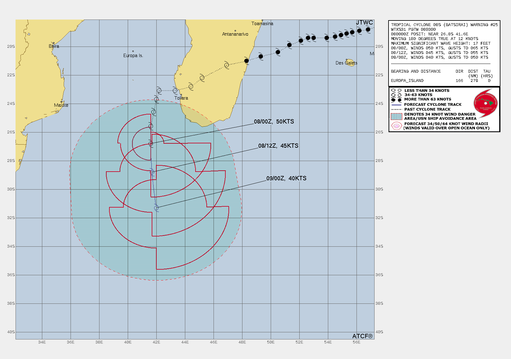 FORECAST REASONING.  SIGNIFICANT FORECAST CHANGES: THERE ARE NO SIGNIFICANT CHANGES TO THE FORECAST FROM THE PREVIOUS WARNING.  FORECAST DISCUSSION: TC 08S IS FORECAST TO ACCELERATE SOUTHWARD ALONG THE WESTERN PERIPHERY OF THE SUBTROPICAL RIDGE AND BEGIN TO WEAKEN AS VERTICAL WIND SHEAR INCREASES AND SEA SURFACE TEMPERATURES COOL TO BELOW 26C OVER THE NEXT 12 HOURS. AS THE SYSTEM MOVES FURTHER SOUTH AND NEARS THE SUBTROPICAL JET, IT WILL BEGIN TO TAKE ON MORE SUBTROPICAL CHARATERISTICS AND SHOULD COMPLETE SUBTROPICAL TRANSITION BY 24H AT THE INTENSITY OF 40 KTS.