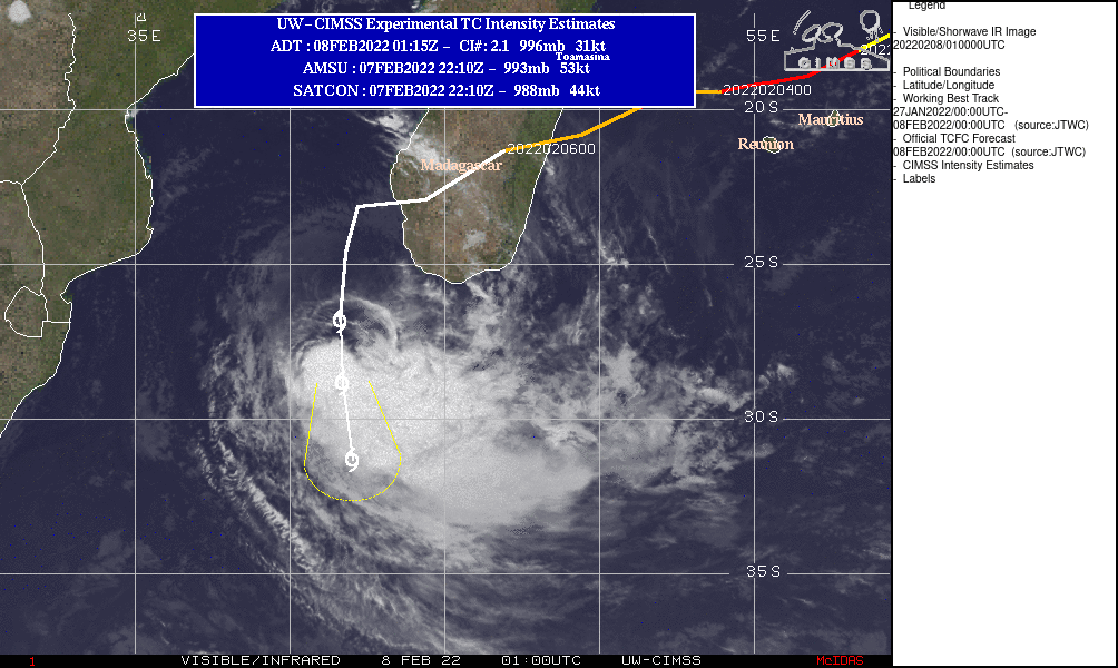 SATELLITE ANALYSIS, INITIAL POSITION AND INTENSITY DISCUSSION: ANIMATED ENHANCED INFRARED (EIR) SATELLITE IMAGERY DEPICTS AN EXPOSED, BROAD LOW-LEVEL CIRCULATION WITH CONVECTION SHEARED TO THE SOUTH AND SOUTHEAST. THE INITIAL POSITION IS BASED ON AN EXPOSED LOW-LEVEL BANDING IN A 072244Z AMSR2 89GHZ IMAGE AND THE INITIAL INTENSITY IS BASED ON EXTRAPOLATION FROM A 071932Z ASCAT-B IMAGE SHOWING 45-50 KT WINDS IN THE SOUTHWEST QUADRANT. THE SYSTEM IS STRUGGLING TO REINTENSIFY DUE TO SIGNIFICANT DRY AIR ENTRAINMENT FROM THE WEST AND INCREASING VERTICAL WIND SHEAR.