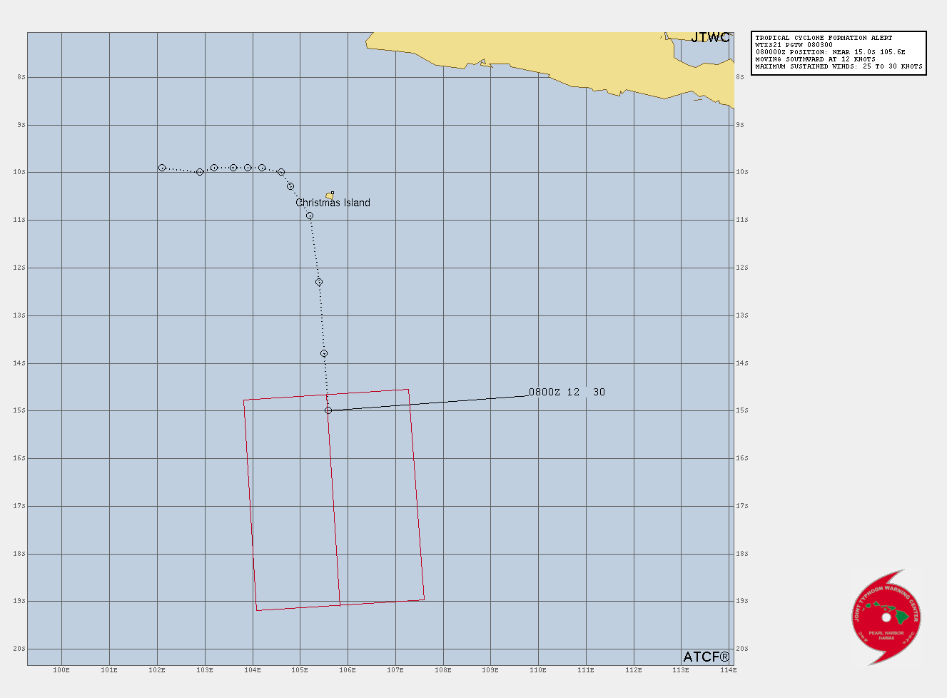 1. FORMATION OF A SIGNIFICANT TROPICAL CYCLONE IS POSSIBLE WITHIN 185 KM EITHER SIDE OF A LINE FROM 14.7S 105.6E TO 19.1S 105.8E WITHIN THE NEXT 12 TO 24 HOURS. AVAILABLE DATA DOES NOT JUSTIFY ISSUANCE OF NUMBERED TROPICAL CYCLONE WARNINGS AT THIS TIME. WINDS IN THE AREA ARE ESTIMATED TO BE 25 TO 30 KNOTS. METSAT IMAGERY AT 080230Z INDICATES THAT A CIRCULATION CENTER IS LOCATED NEAR 15.0S 105.6E. THE SYSTEM IS MOVING SOUTHWARD AT 22 KM/H. 2. REMARKS: THE AREA OF CONVECTION (INVEST 93S) PREVIOUSLY LOCATED  NEAR 11.5S 105.4E IS NOW LOCATED NEAR 13.8S 105.5E, APPROXIMATELY  375 KM SOUTH OF CHRISTMAS ISLAND. ANIMATED MULTISPECTRAL IMAGERY AND  A 072335Z SSMIS 91GHZ IMAGE DEPICT A LOW LEVEL CIRCULATION (LLCC)  WITH DEEP BANDING WRAPPING INTO THE LLCC. IN ADDITION, THERE IS  BROAD, DEEP CONVECTION WITHIN THE CENTRAL AND NORTHERN PERIPHERIES  OF THE SYSTEM. ENVIRONMENTAL ANALYSIS INDICATES FAVORABLE CONDITIONS  FOR DEVELOPMENT TO INCLUDE FAIR POLEWARD OUTFLOW, LOW (10-15KT)  VERTICAL WIND SHEAR, AND VERY WARM (29-30) SEA SURFACE TEMPERATURES.  GLOBAL MODELS ARE IN AGREEMENT THAT THE INVEST 93S IS A COMPACT  SYSTEM THAT WILL TRACK WEST-SOUTHWEST SLOWLY INTENSIFYING OVER THE  NEXT 24-48 HOURS. MAXIMUM SUSTAINED SURFACE WINDS ARE ESTIMATED AT  25 TO 30 KNOTS. MINIMUM SEA LEVEL PRESSURE IS ESTIMATED TO BE NEAR  1002 MB. THE POTENTIAL FOR THE DEVELOPMENT OF A SIGNIFICANT TROPICAL  CYCLONE WITHIN THE NEXT 24 HOURS IS HIGH.