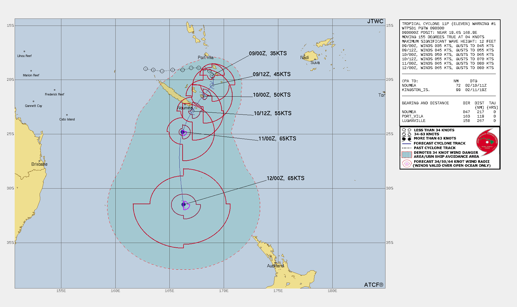 FORECAST REASONING.  SIGNIFICANT FORECAST CHANGES: THIS INITIAL PROGNOSTIC REASONING MESSAGE ESTABLISHES THE FORECAST PHILOSOPHY.  FORECAST DISCUSSION: TC 11P IS FORECAST TO TURN SOUTHWARD OVER THE NEXT 12 HOURS FOLLOWED BY A SOUTHWESTWARD TRACK BY 24H AS THE SUBTROPICAL RIDGE TO THE SOUTHEAST BEGINS TO REORIENT. THE SYSTEM WILL CONTINUE SOUTHWESTWARD, PASSING OVER THE SOUTHERN TIP OF GRANDE TERRE, NEW CALEDONIA AROUND 36H. AFTER 48H, IT WILL BEGIN TO ACCELERATE SOUTHWARD DUE TO A PASSING SHORT-WAVE TROUGH AND BECOME SUBTROPICAL BY 72H. TC 11P IS CURRENTLY IN A MARGINALLY FAVORABLE ENVIRONMENT DUE TO 15-25 KTS OF VERTICAL WIND SHEAR AND WEAK OUTFLOW ALOFT. THIS WILL LIMIT THE SYSTEM TO MODERATE INTENSIFICATION IN THE EARLY PORTION OF THE FORECAST, REACHING 55 KTS BY 36H. THE UPPER-LEVEL ENVIRONMENT IS EXPECTED TO IMPROVE AFTERWARDS ALLOWING FOR AN INTENSITY OF 65 KTS/CAT 1 US AROUND 48H. BY 60H, TC 11P WILL BEGIN EXPERIENCING COOLING SEA SURFACE TEMPERATURES WHICH WILL LIMIT ANY FURTHER INTENSIFICATION.