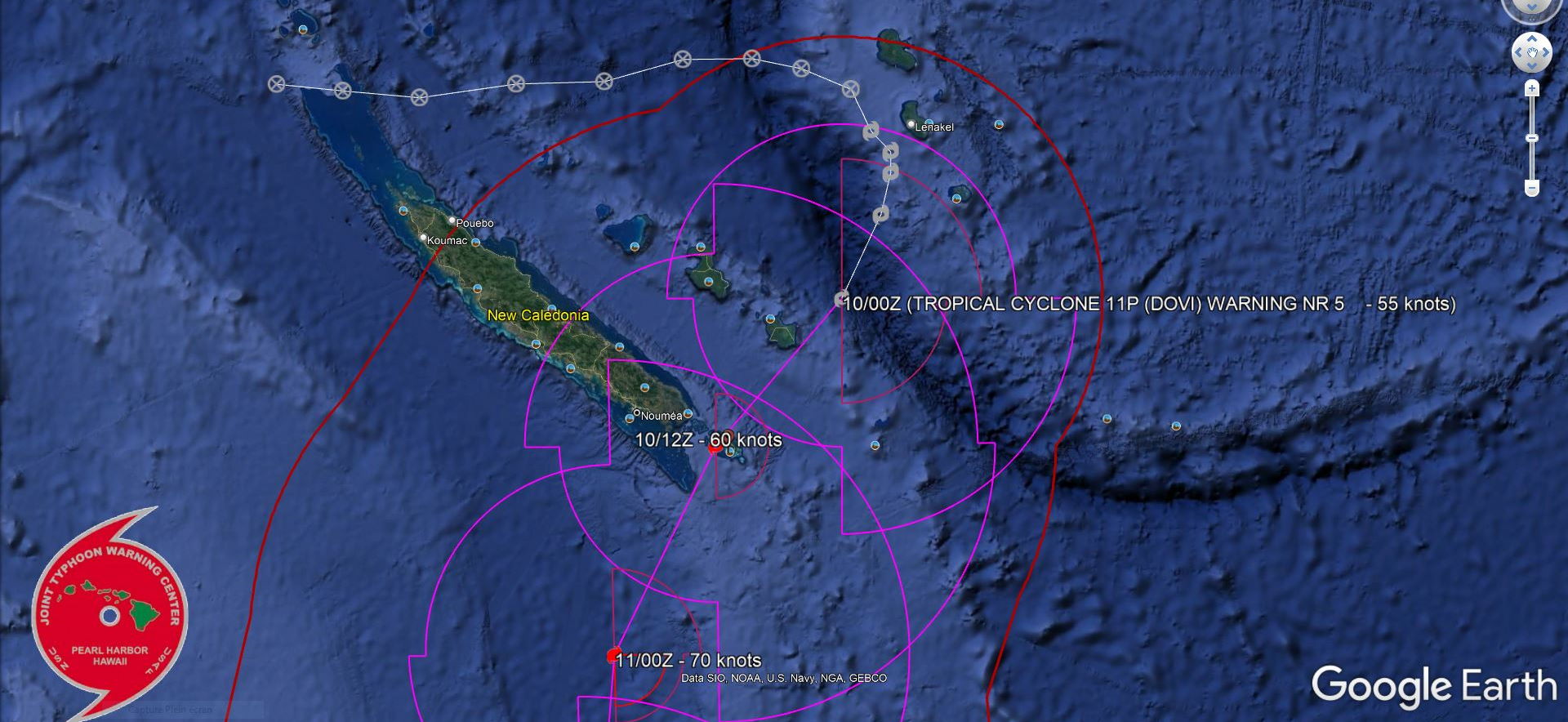 Intensifying TC 11P(DOVI) tracking close to New Caledonia within 12h, to peak at 75kts/CAT 1 US by 36hours//Invest 93S, 10/03utc