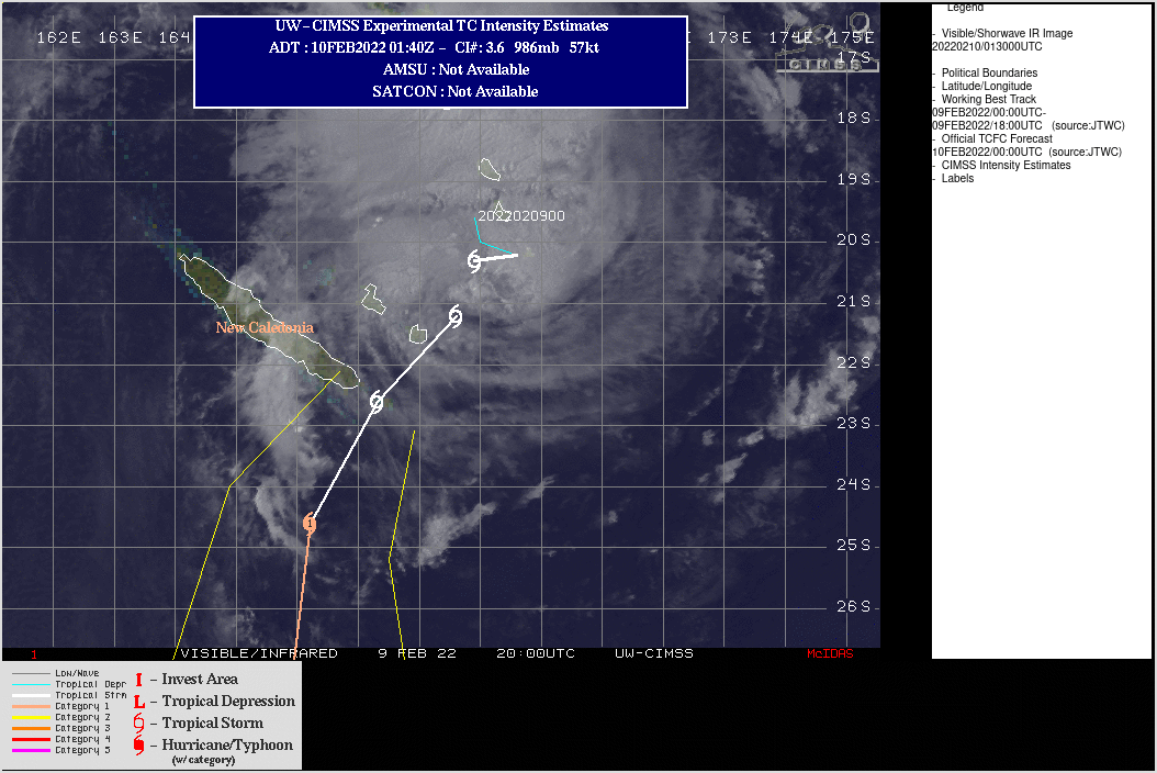 SATELLITE ANALYSIS, INITIAL POSITION AND INTENSITY DISCUSSION: ANIMATED MULTISPECTRAL SATELLITE IMAGERY (MSI) SHOWS THE SYSTEM IS QUICKLY CONSOLIDATING AND INTENSIFYING. THE MSI INDICATES THE PRESENCE OF A RAGGED EYE-LIKE FEATURE WHICH HAS BEEN VISIBLE FOR THE PAST FEW HOURS, SLIDING DOWN THE EASTERN SIDE OF THE CIRCULATION. DEEP CONVECTION AND VORTICAL HOT TOWERS (VHTS) ARE OBSERVED DEVELOPING FIRST IN THE SOUTHWEST AND MOVING UPSHEAR OVER THE PAST FEW HOURS, THOUGH THE CONVECTION HAS YET TO FULLY ENCIRCLE THE CIRCULATION CENTER. WHILE THERE HAS BEEN NO RECENT MICROWAVE IMAGERY, RADAR DATA FROM NEW CALEDONIA AND A COUPLE OF BULLSEYE SCATTEROMETER PASSES PROVIDED HIGH CONFIDENCE TO THE INITIAL POSITION. OVER THE PAST COUPLE OF HOURS, THE EYE-LIKE FEATURE NOTED IN THE MSI HAS BECOME MORE CENTERED IN RELATION TO THE SCATTEROMETER AND RADAR INDICATED CENTERS, BUT HAS YET TO FULLY CLOSE OFF ON THE SOUTHERN SIDE AND IS STILL A BIT OFF-CENTERED. THE INITIAL INTENSITY IS ASSESSED WITH MEDIUM CONFIDENCE, BASED ON A BLEND OF INFORMATION INCLUDING MULTI-AGENCY DVORAK ESTIMATES OF T3.5, THE ADT ESIMATES OF T3.5 AND ANALYSIS OF THE 092130Z ASCAT-B BULLSEYE PASS WHICH INDICATED 45 TO 50 KNOT WINDS TO THE EAST OF THE CENTER, CONFIRMED BY SURFACE WIND OBSERVATIONS FROM ANEITYUM ISLAND. ANALYSIS REVEALS A FAVORABLE ENVIRONMENT CHARACTERIZED BY WARM SSTS, AND LOW WIND SHEAR. CIMSS ANALYSIS REVEALS A WELL-DEFINED POINT SOURCE DISPLACED TO THE EAST OF THE SYSTEM AND EASTERLY FLOW OVER THE TOP, HOWEVER THE ANIMATED MSI INDICATES STRONG ANTICYCLONIC BANDING NEAR THE CENTER INDICATING THE PRESENCE OF A MESOSCALE POINT SOURCE IMMEDIATELY IN VICINITY OF THE CORE. SATELLITE ANALYSIS, INITIAL POSITION AND INTENSITY DISCUSSION: ANIMATED MULTISPECTRAL SATELLITE IMAGERY (MSI) SHOWS THE SYSTEM IS QUICKLY CONSOLIDATING AND INTENSIFYING. THE MSI INDICATES THE PRESENCE OF A RAGGED EYE-LIKE FEATURE WHICH HAS BEEN VISIBLE FOR THE PAST FEW HOURS, SLIDING DOWN THE EASTERN SIDE OF THE CIRCULATION. DEEP CONVECTION AND VORTICAL HOT TOWERS (VHTS) ARE OBSERVED DEVELOPING FIRST IN THE SOUTHWEST AND MOVING UPSHEAR OVER THE PAST FEW HOURS, THOUGH THE CONVECTION HAS YET TO FULLY ENCIRCLE THE CIRCULATION CENTER. WHILE THERE HAS BEEN NO RECENT MICROWAVE IMAGERY, RADAR DATA FROM NEW CALEDONIA AND A COUPLE OF BULLSEYE SCATTEROMETER PASSES PROVIDED HIGH CONFIDENCE TO THE INITIAL POSITION. OVER THE PAST COUPLE OF HOURS, THE EYE-LIKE FEATURE NOTED IN THE MSI HAS BECOME MORE CENTERED IN RELATION TO THE SCATTEROMETER AND RADAR INDICATED CENTERS, BUT HAS YET TO FULLY CLOSE OFF ON THE SOUTHERN SIDE AND IS STILL A BIT OFF-CENTERED. THE INITIAL INTENSITY IS ASSESSED WITH MEDIUM CONFIDENCE, BASED ON A BLEND OF INFORMATION INCLUDING MULTI-AGENCY DVORAK ESTIMATES OF T3.5, THE ADT ESIMATES OF T3.5 AND ANALYSIS OF THE 092130Z ASCAT-B BULLSEYE PASS WHICH INDICATED 45 TO 50 KNOT WINDS TO THE EAST OF THE CENTER, CONFIRMED BY SURFACE WIND OBSERVATIONS FROM ANEITYUM ISLAND. ANALYSIS REVEALS A FAVORABLE ENVIRONMENT CHARACTERIZED BY WARM SSTS, AND LOW WIND SHEAR. CIMSS ANALYSIS REVEALS A WELL-DEFINED POINT SOURCE DISPLACED TO THE EAST OF THE SYSTEM AND EASTERLY FLOW OVER THE TOP, HOWEVER THE ANIMATED MSI INDICATES STRONG ANTICYCLONIC BANDING NEAR THE CENTER INDICATING THE PRESENCE OF A MESOSCALE POINT SOURCE IMMEDIATELY IN VICINITY OF THE CORE.