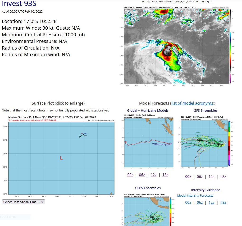 THE AREA OF CONVECTION (INVEST 93S) PREVIOUSLY LOCATED  NEAR 16.6S 105.4E IS NOW LOCATED NEAR 16.7S 106.6E, APPROXIMATELY   720KM SOUTH OF CHRISTMAS ISLAND. ANIMATED MULTISPECTRAL SATELLITE  IMAGERY (MSI) AND A PARTIAL 100015Z GMIS 89GHZ MICROWAVE IMAGE  DEPICT A COMPLETELY EXPOSED LOW LEVEL CIRCULATION CENTER (LLCC)  WITH WEAK CONVECTION SHEARED TO THE SOUTH. THE ENVIRONMENT  IS MARGINAL, CHARACTERIZED BY WARM (30-31C) SEA SURFACE  TEMPERATURES (SST) OFFSET BY MODERATE TO HIGH (20-30 KT) VERTICAL  WIND SHEAR (VWS) AND WEAK OUTFLOW ALOFT. GLOBAL MODELS HAVE  BACKED OFF SIGNIFICANTLY IN TERMS OF THE POTENTIAL FOR TROPICAL  CYCLONE DEVELOPMENT FROM THIS SYSTEM, WITH THE MAJORITY NOW  INDICATING RELATIVELY SMALL PROBABILITIES FOR THE SYSTEM REACHING  TROPICAL STORM STRENGTH. THE REMNANT CIRCULATION WILL HOWEVER  REMAIN WELL DEFINED FOR THE NEAR-TERM AND IS EXPECTED TO  TRANSIT GENERALLY WESTWARD. MAXIMUM SUSTAINED SURFACE WINDS  ARE ESTIMATED AT 25 TO 30 KNOTS. MINIMUM SEA LEVEL PRESSURE  IS ESTIMATED TO BE NEAR 999 MB. THE POTENTIAL FOR THE DEVELOPMENT  OF A SIGNIFICANT TROPICAL CYLCONE WITHIN THE NEXT 24 HOURS  IS DOWNGRADED TO LOW.