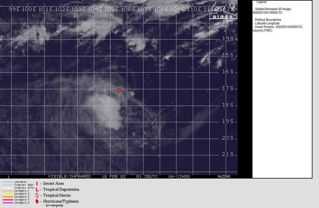 ANIMATED MULTISPECTRAL SATELLITE IMAGERY (MSI) DEPICT A COMPLETELY EXPOSED LOW LEVEL CIRCULATION CENTER (LLCC) WITH WEAK CONVECTION SHEARED TO THE SOUTH.