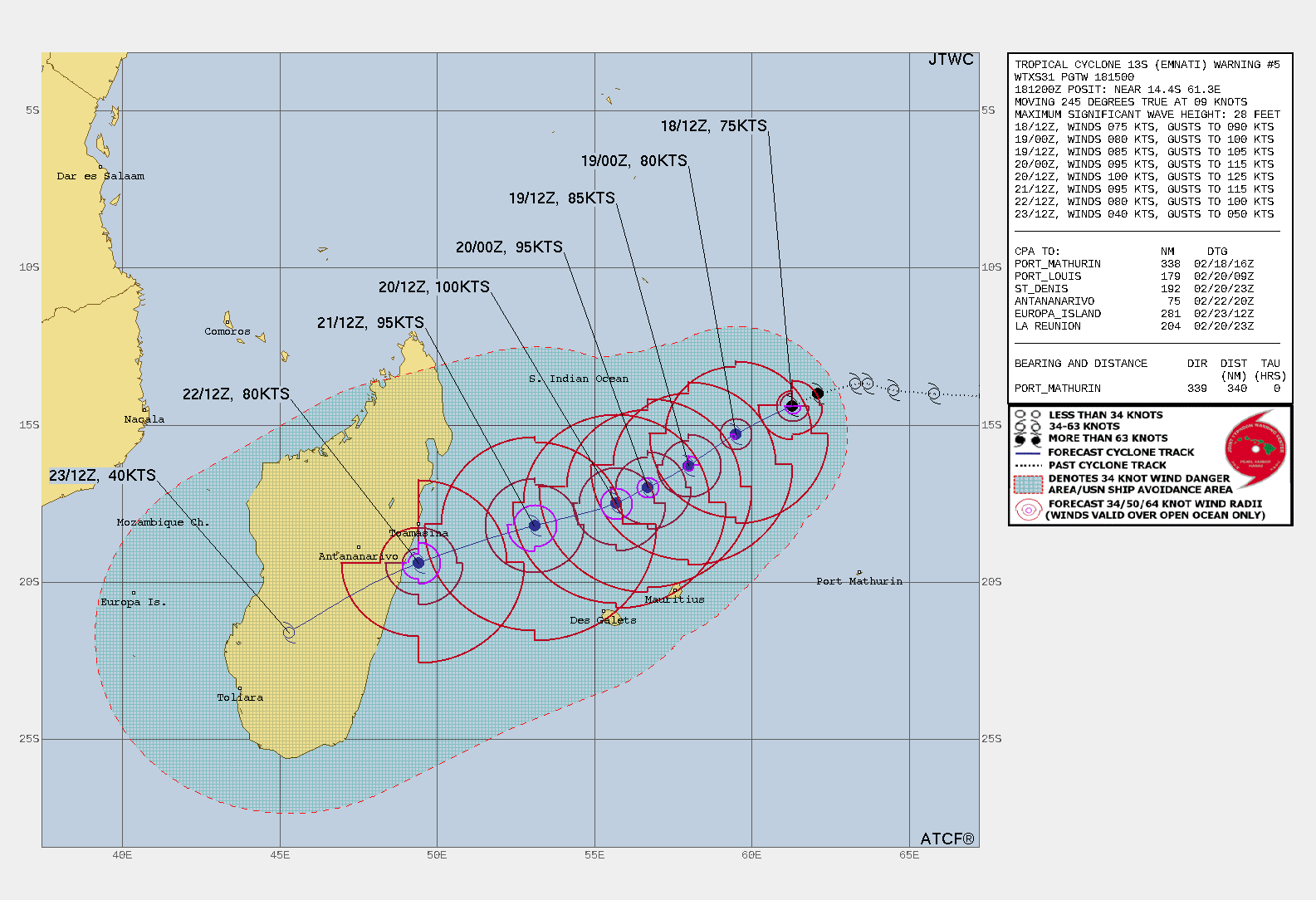 FORECAST REASONING.  SIGNIFICANT FORECAST CHANGES: THERE ARE NO SIGNIFICANT CHANGES TO THE FORECAST FROM THE PREVIOUS WARNING.  FORECAST DISCUSSION: TC EMNATI WILL CONTINUE ON ITS CURRENT WEST-SOUTHWESTWARD TRACK THROUGHOUT THE FORECAST EVEN AFTER A SECONDARY SUBTROPCIAL RIDGE (STR) APPROACHING FROM THE SOUTHWEST SEAMLESSLY ASSUMES STEERING AFTER 36H. SHORTLY AFTER 96H, IT WILL MAKE LANDFALL OVER THE CENTRAL MADAGASCAR COAST EAST OF ANTANANARIVO. THE HIGHLY  FAVORABLE ENVIRONMENT IS EXPECTED TO CARRY THROUGH THE MID-PORTION  OF THE FORECAST TRACK AND FUEL STEADY INTENSIFICATION TO A PEAK OF  100KTS/CAT 3 US BY 48H. AFTERWARD, LOW OCEAN HEAT CONTENT NEAR MADAGASCAR WILL CONTRIBUTE TO A GRADUAL WEAKENING - DOWN TO 80KTS/CAT 1 BY 96H. AFTER LANDFALL, THE RUGGED TERRAIN WILL RAPIDLY ERODE THE SYSTEM DOWN TO 40KTS BY 120H AS IT APPROACHES THE SOUTHWESTERN COAST OF THE ISLAND.