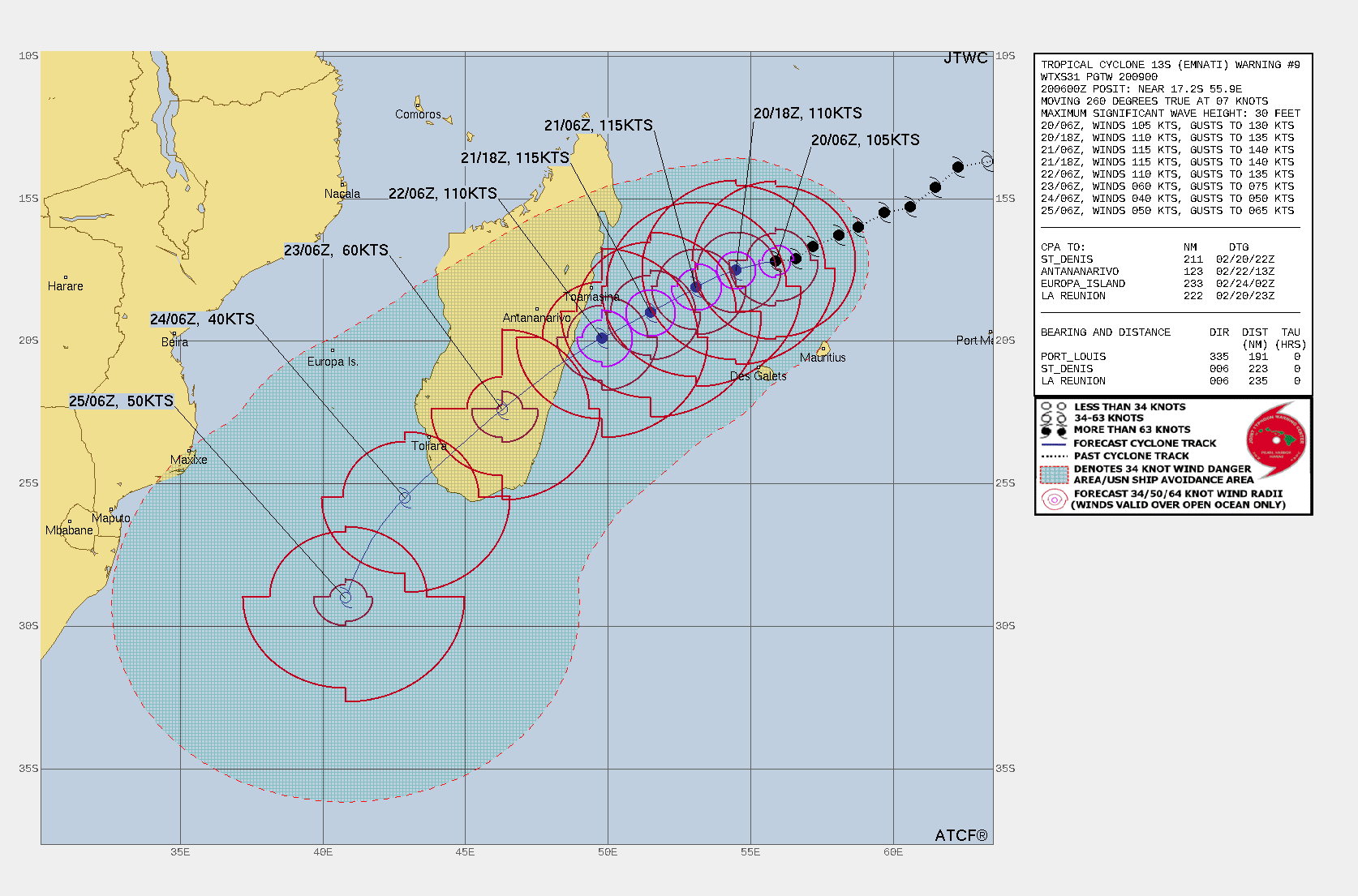 FORECAST REASONING.  SIGNIFICANT FORECAST CHANGES: THERE ARE NO SIGNIFICANT CHANGES TO THE FORECAST FROM THE PREVIOUS WARNING.  FORECAST DISCUSSION: OVER THE PAST FEW HOURS, TC 13S HAS TRACKED SLIGHTLY MORE WESTWARD THAN PREVIOUSLY EXPECTED WHILE ALSO SLOWING A FAIR AMOUNT, LIKELY IN RESPONSE TO A SECONDARY SUBTROPICAL RIDGE (STR) CENTER CURRENTLY SOUTH OF MADAGASCAR WHICH WILL QUICKLY SLIDE BY TO THE SOUTH OF THE SYSTEM AND TAKE UP RESIDENCE TO THE SOUTHEAST, MERGING WITH THE LARGER STR ALREADY IN PLACE. SO THE CURRENT WESTWARD TRACK WILL BE RELATIVELY SHORT-LIVED AND TC 13S IS EXPECTED TO RESUME A GRADUAL TURN TO A SOUTHWESTWARD TRACK OVER THE REMAINDER OF THE FORECAST AS IT GRACEFULLY ROUNDS THE RIDGE. SOMEWHAT UNEXPECTEDLY, TC 13S HAS PROVEN EXCEPTIONALLY RESILIENT AND ABLE TO INTENSIFY IN THE FACE OF UNFAVORABLE UPWELLING AND LOW OCEAN HEAT CONTENT (OHC), LIKELY IN RESPONSE TO THE ROBUST OUTFLOW ALOFT AND LOW SHEAR. NO SIGNIFICANT CHANGE TO THE ENVIRONMENT IS ANTICIPATED PRIOR TO LANDFALL, SO ADDITIONAL INTENSIFICATION IS EXPECTED, TO A PEAK OF 115 KNOTS/CAT 4 BY 36H. THE POTENTIAL FOR AT LEAST ONE EYE-WALL REPLACEMENT CYCLE (ERC) AND THE POSSIBILITY OF THE LACK OF OHC CATCHING UP WITH THE SYSTEM, ARE THE ONLY POTENTIAL LIMITING FACTORS. THE SYSTEM IS EXPECTED TO MAKE LANDFALL ALONG THE EAST-CENTRAL COAST OF MADAGASCAR AROUND 60H, FOLLOWED BY RAPID WEAKENING OVER THE MOUNTAINOUS TERRAIN. THE SYSTEM WILL TURN MORE SHARPLY POLEWARD AS IT MOVES BACK OVER WATER TOWARD A WEAKNESS IN THE RIDGE INDUCED BY AN APPROACHING MID-LATITUDE TROUGH. ONCE BACK OVER WATER, SOME INTENSIFICATION IS ANTICIPATED, THOUGH THE 26C ISOTHERM LIES ROUGHLY ALONG THE 25S LATITUDE LINE, AND THE LACK OF OHC WILL INHIBIT SIGNIFICANT REDEVELOPMENT. THE SYSTEM WILL BEGIN SUBTROPICAL TRANSITION BY 120H AS IT MOVES OVER 23-25C WATERS AND BEGINS TO INTERACT WITH A SUBTROPICAL 500MB LOW AND TROUGH. FORECAST REASONING.  SIGNIFICANT FORECAST CHANGES: THERE ARE NO SIGNIFICANT CHANGES TO THE FORECAST FROM THE PREVIOUS WARNING.  FORECAST DISCUSSION: OVER THE PAST FEW HOURS, TC 13S HAS TRACKED SLIGHTLY MORE WESTWARD THAN PREVIOUSLY EXPECTED WHILE ALSO SLOWING A FAIR AMOUNT, LIKELY IN RESPONSE TO A SECONDARY SUBTROPICAL RIDGE (STR) CENTER CURRENTLY SOUTH OF MADAGASCAR WHICH WILL QUICKLY SLIDE BY TO THE SOUTH OF THE SYSTEM AND TAKE UP RESIDENCE TO THE SOUTHEAST, MERGING WITH THE LARGER STR ALREADY IN PLACE. SO THE CURRENT WESTWARD TRACK WILL BE RELATIVELY SHORT-LIVED AND TC 13S IS EXPECTED TO RESUME A GRADUAL TURN TO A SOUTHWESTWARD TRACK OVER THE REMAINDER OF THE FORECAST AS IT GRACEFULLY ROUNDS THE RIDGE. SOMEWHAT UNEXPECTEDLY, TC 13S HAS PROVEN EXCEPTIONALLY RESILIENT AND ABLE TO INTENSIFY IN THE FACE OF UNFAVORABLE UPWELLING AND LOW OCEAN HEAT CONTENT (OHC), LIKELY IN RESPONSE TO THE ROBUST OUTFLOW ALOFT AND LOW SHEAR. NO SIGNIFICANT CHANGE TO THE ENVIRONMENT IS ANTICIPATED PRIOR TO LANDFALL, SO ADDITIONAL INTENSIFICATION IS EXPECTED, TO A PEAK OF 115 KNOTS/CAT 4 BY 36H. THE POTENTIAL FOR AT LEAST ONE EYE-WALL REPLACEMENT CYCLE (ERC) AND THE POSSIBILITY OF THE LACK OF OHC CATCHING UP WITH THE SYSTEM, ARE THE ONLY POTENTIAL LIMITING FACTORS. THE SYSTEM IS EXPECTED TO MAKE LANDFALL ALONG THE EAST-CENTRAL COAST OF MADAGASCAR AROUND 60H, FOLLOWED BY RAPID WEAKENING OVER THE MOUNTAINOUS TERRAIN. THE SYSTEM WILL TURN MORE SHARPLY POLEWARD AS IT MOVES BACK OVER WATER TOWARD A WEAKNESS IN THE RIDGE INDUCED BY AN APPROACHING MID-LATITUDE TROUGH. ONCE BACK OVER WATER, SOME INTENSIFICATION IS ANTICIPATED, THOUGH THE 26C ISOTHERM LIES ROUGHLY ALONG THE 25S LATITUDE LINE, AND THE LACK OF OHC WILL INHIBIT SIGNIFICANT REDEVELOPMENT. THE SYSTEM WILL BEGIN SUBTROPICAL TRANSITION BY 120H AS IT MOVES OVER 23-25C WATERS AND BEGINS TO INTERACT WITH A SUBTROPICAL 500MB LOW AND TROUGH.