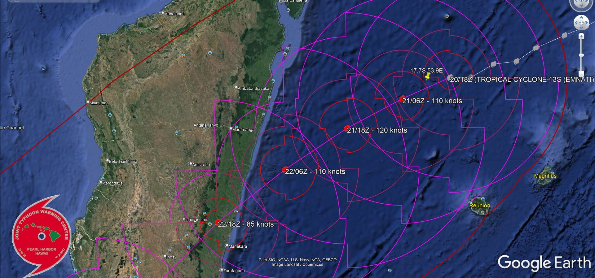 FORECAST REASONING.  SIGNIFICANT FORECAST CHANGES: THERE ARE NO SIGNIFICANT CHANGES TO THE FORECAST FROM THE PREVIOUS WARNING.  FORECAST DISCUSSION: THE JTWC FORECAST TRACK REMAINS HIGHLY CONSISTENT WITH THE PREVIOUS FORECAST TRACKS. TC 13S IS TRACKING ALONG THE NORTHWEST PERIPHERY OF A SUBTROPICAL RIDGE (STR) POSITIONED TO THE SOUTHEAST AND EAST, AND IS FORECAST TO TRACK WEST-SOUTHWESTWARD TO SOUTHWESTWARD  THROUGH 48H. THERE IS SIGNIFICANT UNCERTAINTY IN THE INTENSITY  FORECAST OVER THE NEXT 12 HOURS CONSIDERING THE ONGOING ERC EVENT AND  POSSIBLE UPWELLING OF COOLER WATER WITH SLIGHT WEAKENING POSSIBLE  WITHIN THE NEXT 12 HOURS. AFTER THE ERC COMPLETES NEAR 12H, STRONG  OUTFLOW AND LOW VERTICAL WIND SHEAR (VWS) SHOULD ALLOW THE SYSTEM TO  REINTENSIFY QUICKLY TO A PEAK OF 120 KNOTS/CAT 4 BY 24H. AFTER 24H, TC  13S WILL STEADILY WEAKEN WITH INCREASING INTERACTION WITH LAND AS THE  SYSTEM APPROACHES MADAGASCAR. AFTER MAKING LANDFALL NEAR 48H, THE  SYSTEM WILL TURN SOUTHWESTWARD TOWARD A WEAKNESS IN THE STR PRODUCED  BY AN APPROACHING DEEP MIDLATITUDE UPPER-LEVEL TROUGH AND WEAKEN  RAPIDLY AS IT TRACKS OVER THE MOUNTAINOUS TERRAIN OF MADAGASCAR. AFTER TRACKING BACK OVER WATER NEAR 72H, SOUTHWEST OF MADAGASCAR,  TC 13S WILL COMMENCE SUBTROPICAL TRANSITION AS THE SYSTEM INTERACTS  WITH AN UPPER-LEVEL SUBTROPICAL TROUGH. BY TAU 120, TC 13S WILL  COMPLETE SUBTROPICAL TRANSITION AS IT IS BECOMES EMBEDDED IN THE UPPER LEVEL TROUGH WITH STRONG VWS (30-40 KNOTS) AND COOL SST  (24C). FORECAST REASONING.  SIGNIFICANT FORECAST CHANGES: THERE ARE NO SIGNIFICANT CHANGES TO THE FORECAST FROM THE PREVIOUS WARNING.  FORECAST DISCUSSION: THE JTWC FORECAST TRACK REMAINS HIGHLY CONSISTENT WITH THE PREVIOUS FORECAST TRACKS. TC 13S IS TRACKING ALONG THE NORTHWEST PERIPHERY OF A SUBTROPICAL RIDGE (STR) POSITIONED TO THE SOUTHEAST AND EAST, AND IS FORECAST TO TRACK WEST-SOUTHWESTWARD TO SOUTHWESTWARD  THROUGH 48H. THERE IS SIGNIFICANT UNCERTAINTY IN THE INTENSITY  FORECAST OVER THE NEXT 12 HOURS CONSIDERING THE ONGOING ERC EVENT AND  POSSIBLE UPWELLING OF COOLER WATER WITH SLIGHT WEAKENING POSSIBLE  WITHIN THE NEXT 12 HOURS. AFTER THE ERC COMPLETES NEAR 12H, STRONG  OUTFLOW AND LOW VERTICAL WIND SHEAR (VWS) SHOULD ALLOW THE SYSTEM TO  REINTENSIFY QUICKLY TO A PEAK OF 120 KNOTS/CAT 4 BY 24H. AFTER 24H, TC  13S WILL STEADILY WEAKEN WITH INCREASING INTERACTION WITH LAND AS THE  SYSTEM APPROACHES MADAGASCAR. AFTER MAKING LANDFALL NEAR 48H, THE  SYSTEM WILL TURN SOUTHWESTWARD TOWARD A WEAKNESS IN THE STR PRODUCED  BY AN APPROACHING DEEP MIDLATITUDE UPPER-LEVEL TROUGH AND WEAKEN  RAPIDLY AS IT TRACKS OVER THE MOUNTAINOUS TERRAIN OF MADAGASCAR. AFTER TRACKING BACK OVER WATER NEAR 72H, SOUTHWEST OF MADAGASCAR,  TC 13S WILL COMMENCE SUBTROPICAL TRANSITION AS THE SYSTEM INTERACTS  WITH AN UPPER-LEVEL SUBTROPICAL TROUGH. BY TAU 120, TC 13S WILL  COMPLETE SUBTROPICAL TRANSITION AS IT IS BECOMES EMBEDDED IN THE UPPER LEVEL TROUGH WITH STRONG VWS (30-40 KNOTS) AND COOL SST  (24C).