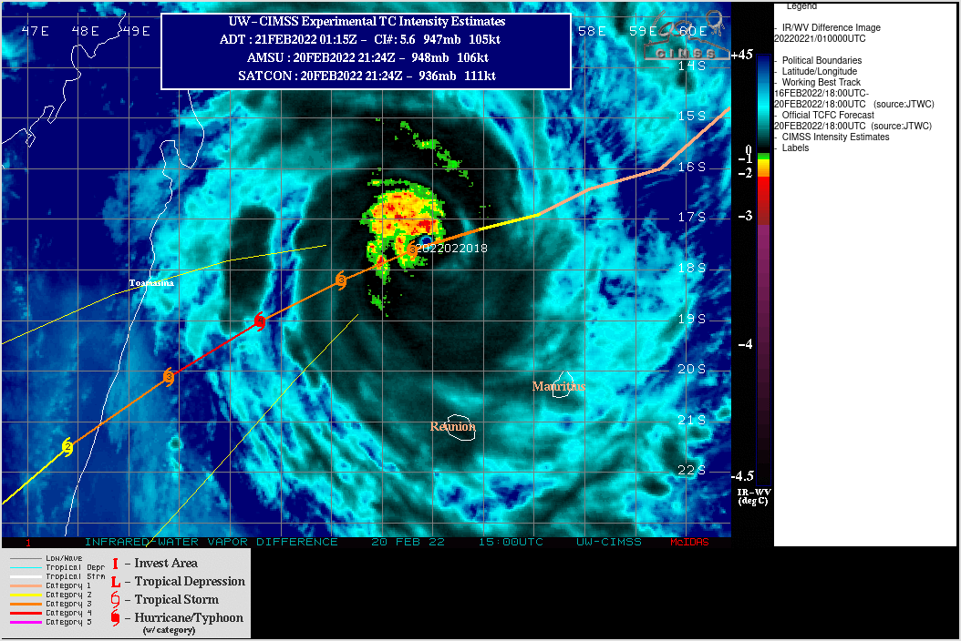SATELLITE ANALYSIS, INITIAL POSITION AND INTENSITY DISCUSSION: WHILE UNDERGOING AN EYEWALL REPLACEMENT CYCLE (ERC), ANIMATED ENHANCED INFRARED (EIR) SATELLITE IMAGERY INDICATES THE SYSTEM HAS TRACKED ERRATICALLY WESTWARD WITH A TROCHOIDAL MOTION CLEARLY EVIDENT OVER THE PAST NINE HOURS. AFTER COMPLETING A QUICK LOOP EARLIER, TC 13S HAS STARTED ANOTHER LOOP AROUND 202000Z. THE CORE CONVECTIVE STRUCTURE CONTINUES TO FLUCTUATE RAPIDLY WITH A SLIGHT WEAKENING TREND AND WARMING CLOUD TOP TEMPERATURES EVIDENT IN EIR IMAGERY THROUGH ABOUT 201700Z. AFTER 201700Z, THE EYEWALL BEGAN TO RESTRENGTHEN WITH COOLING CLOUD TOP TEMPERATURES AND IMPROVED STRUCTURE EVIDENT. CONCENTRIC EYEWALLS ARE BEST SEEN IN A 201434Z SSMIS 91GHZ COLOR COMPOSITE MICROWAVE IMAGE SHOWING A VERY SMALL INNER EYE WALL SURROUNDED BY A MOAT AND OUTER EYEWALL. THE INITIAL POSITION IS PLACED WITH HIGH CONFIDENCE BASED ON A 30KM EYE IN EIR IMAGERY. A FORTUITOUS 201440Z RADARSAT2 SAR IMAGE WAS USED TO REFINE THE INITIAL 34-, 50- AND 64-KNOT WIND RADIUSES BUT SHOWED MAXIMUM SUSTAINED WINDS (3KM) OF ONLY 90-92 KNOTS IN THE NORTHWESTERN SECTOR. THIS APPEARS TO BE TOO LOW SINCE ERC TYPICALLY BEGINS WITH INTENSITIES NEAR 120 KNOTS. THUS, THE INITIAL INTENSITY OF 110 KTS IS ASSESSED WITH MEDIUM CONFIDENCE BASED ON THE DVORAK CURRENT INTENSITY ESTIMATES RANGING FROM 102-115 KNOTS. SATELLITE ANALYSIS, INITIAL POSITION AND INTENSITY DISCUSSION: WHILE UNDERGOING AN EYEWALL REPLACEMENT CYCLE (ERC), ANIMATED ENHANCED INFRARED (EIR) SATELLITE IMAGERY INDICATES THE SYSTEM HAS TRACKED ERRATICALLY WESTWARD WITH A TROCHOIDAL MOTION CLEARLY EVIDENT OVER THE PAST NINE HOURS. AFTER COMPLETING A QUICK LOOP EARLIER, TC 13S HAS STARTED ANOTHER LOOP AROUND 202000Z. THE CORE CONVECTIVE STRUCTURE CONTINUES TO FLUCTUATE RAPIDLY WITH A SLIGHT WEAKENING TREND AND WARMING CLOUD TOP TEMPERATURES EVIDENT IN EIR IMAGERY THROUGH ABOUT 201700Z. AFTER 201700Z, THE EYEWALL BEGAN TO RESTRENGTHEN WITH COOLING CLOUD TOP TEMPERATURES AND IMPROVED STRUCTURE EVIDENT. CONCENTRIC EYEWALLS ARE BEST SEEN IN A 201434Z SSMIS 91GHZ COLOR COMPOSITE MICROWAVE IMAGE SHOWING A VERY SMALL INNER EYE WALL SURROUNDED BY A MOAT AND OUTER EYEWALL. THE INITIAL POSITION IS PLACED WITH HIGH CONFIDENCE BASED ON A 30KM EYE IN EIR IMAGERY. A FORTUITOUS 201440Z RADARSAT2 SAR IMAGE WAS USED TO REFINE THE INITIAL 34-, 50- AND 64-KNOT WIND RADIUSES BUT SHOWED MAXIMUM SUSTAINED WINDS (3KM) OF ONLY 90-92 KNOTS IN THE NORTHWESTERN SECTOR. THIS APPEARS TO BE TOO LOW SINCE ERC TYPICALLY BEGINS WITH INTENSITIES NEAR 120 KNOTS. THUS, THE INITIAL INTENSITY OF 110 KTS IS ASSESSED WITH MEDIUM CONFIDENCE BASED ON THE DVORAK CURRENT INTENSITY ESTIMATES RANGING FROM 102-115 KNOTS.