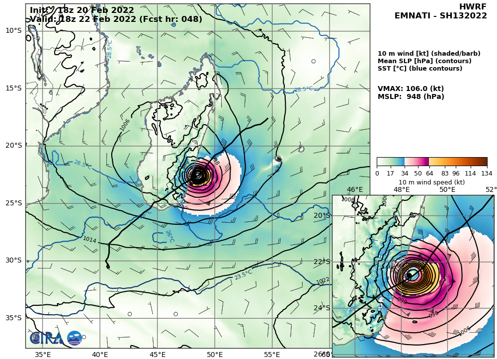 Intense TC 13S(EMNATI) under-going an eye-wall replacement cycle, slowly approaching Madagascar, 21/03utc