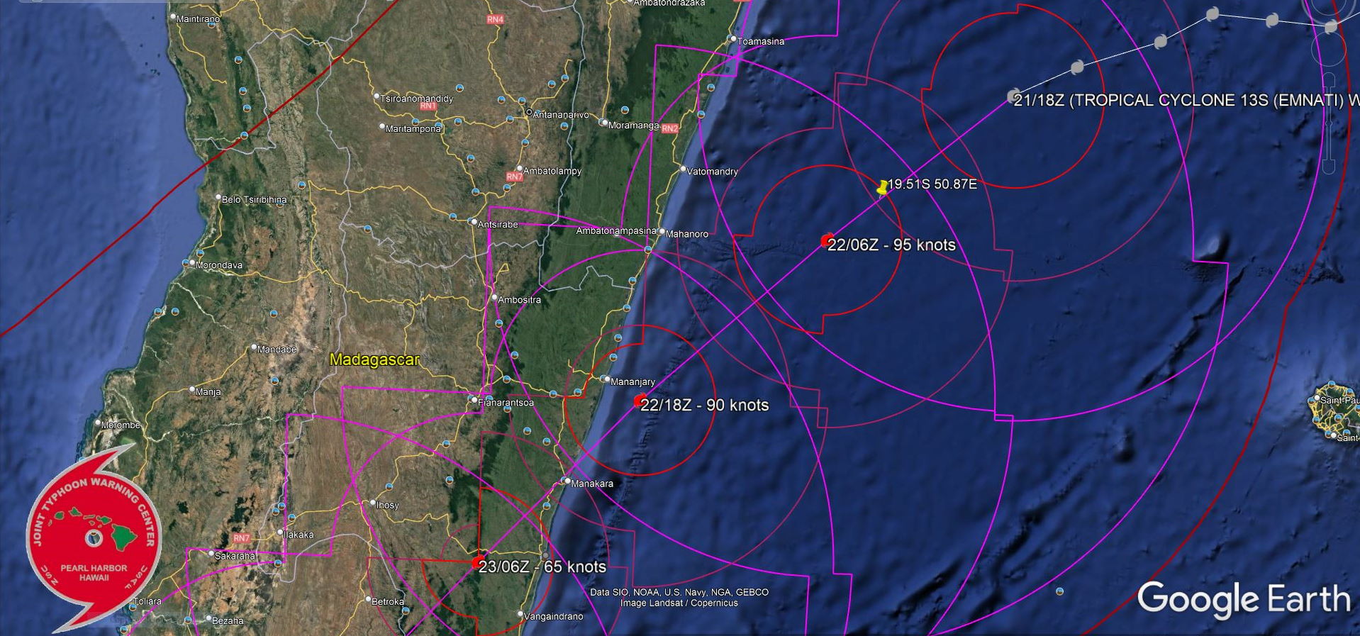 FORECAST REASONING.  SIGNIFICANT FORECAST CHANGES: THERE ARE NO SIGNIFICANT CHANGES TO THE FORECAST FROM THE PREVIOUS WARNING.  FORECAST DISCUSSION: TC 13S WILL CONTINUE TRACKING SOUTHWESTWARD, UNDER THE INFLUENCE OF A SUBTROPICAL RIDGE, DOWN THE EASTERN COAST OF MADAGASCAR WITH THE CENTER OF THE CIRCULATION MAKING LANDFALL JUST WITHIN 24H. THIS LAND INTERACTION WILL CAUSE A DECREASE TO 55 KTS IN INTENSITY BY 48H. SHORTLY AFTER, THE SYSTEM WILL EMERGE BACK OVER WATER INTO COOLER SEA SURFACE TEMPERATURES (26C) WHICH WILL NOT ALLOW FOR REINTENSIFICATION. BY 72H, TC 13S WILL BEGIN TO TURN POLEWARD INTO A BREAK IN THE SUBTROPICAL RIDGE CAUSED BY AN APPROACHING MID-LATITUDE TROUGH AND BEGIN SUBTROPICAL TRANSITION, WHICH IS EXPECTED TO BE COMPLETED BY 96H AT AN INTENSITY OF 45 KTS.