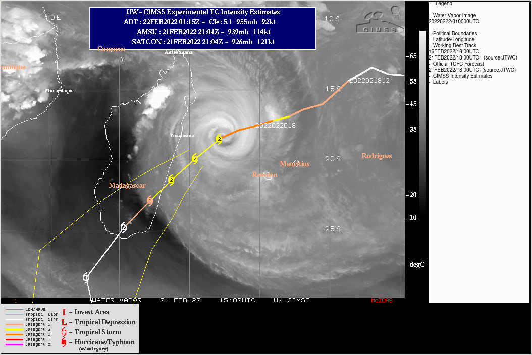 SATELLITE ANALYSIS, INITIAL POSITION AND INTENSITY DISCUSSION: ANIMATED ENHANCED INFRARED (EIR) SATELLITE IMAGERY DEPICTS INDICATES TC 13S IS STILL UNDERGOING AN EYEWALL REPLACEMENT CYCLE AS THERE IS STILL EVIDENCE OF AN INNER EYEWALL WITH A 19KM WIDE EYE AND AN ILL-DEFINED OUTER EYEWALL. AN 211804Z PARTIAL ASCAT-B IMAGE SHOWS 40 KT WINDS IN THE OUTER WIND FIELD NOW OVER THE COAST OF MADAGASCAR NEAR TOAMASINA. THE INITIAL POSITION IS BASED ON THE EYE OBSERVED IN EIR AND THE INITIAL INTENSITY(AT 21/18Z) OF 95 KTS/CAT 2 US IS AVERAGED BETWEEN AGENCY CURRENT DVORAK INTENSITY ESTIMATES AND ADT BASED ON PROBABLE WEAKENING DUE TO THE EYEWALL REPLACEMENT CYCLE. SINCE TC 13S IS ALREADY EXPERIENCING LAND INTERACTION, INTENSIFICATION DUE TO THE CONSTRICTION OF THE OUTER EYEWALL IS UNLIKELY BEFORE LANDFALL.