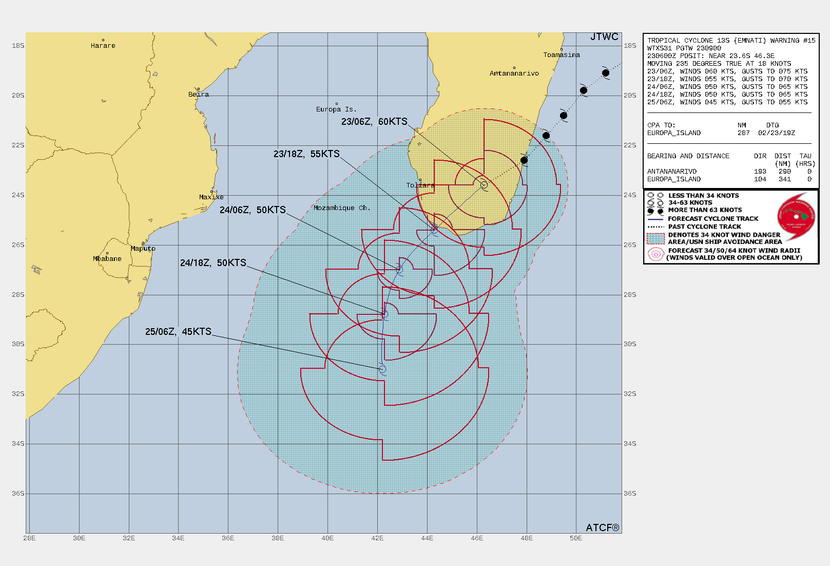 FORECAST REASONING.  SIGNIFICANT FORECAST CHANGES: THERE ARE NO SIGNIFICANT CHANGES TO THE FORECAST FROM THE PREVIOUS WARNING.  FORECAST DISCUSSION: TC 13S WILL CONTINUE ON ITS CURRENT SOUTHWESTWARD TRACK UNDER THE STEERING INFLUENCE OF THE STR AND EXIT INTO THE MOZAMBIQUE CHANNEL JUST BEFORE 12H. AFTER 24H, IT  WILL TRACK MORE SOUTHWARD AS IT ROUNDS THE WESTERN EDGE OF THE SUBTROPICAL RIDGE (STR).  INTERACTION WITH THE RUGGED TERRAIN, THEN THE COOLER (24C) SST AND  STRONG (30KT+) VWS, OFFSET BY STRONG POLEWARD OUTFLOW IN THE  MOZAMBIQUE CHANNEL WILL RESULT IN GRADUAL DECAY - DOWN TO 45KTS BY TAU  48. CONCURRENTLY BY 36H, TC 13S WILL BEGIN SUBTROPICAL TRANSITION  AND BY 48H, WILL TRANSFORM INTO A SUBTROPICAL SYSTEM WITH AN  EXPANDING WIND FIELD.