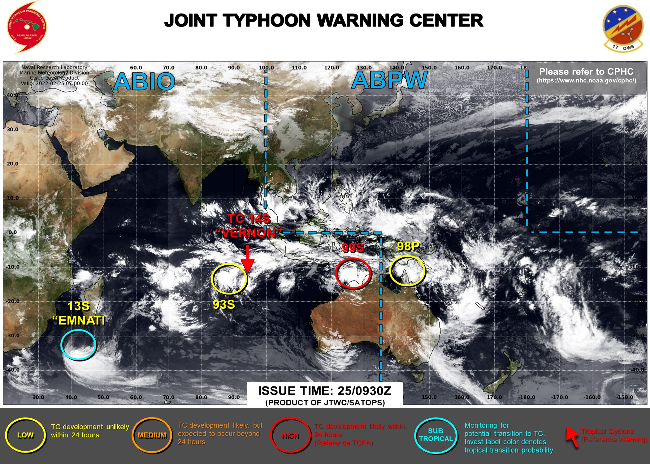JTWC IS ISSUING 12HOURLY WARNINGS ON TC 14S(VERNON). 3HOURLY SATELLITE BULLETINS ARE ISSUED ON 14S, 99S AND 98P. THEY WERE DISCONTINUED ON 13S(EMNATI) AT 25/0530UTC.