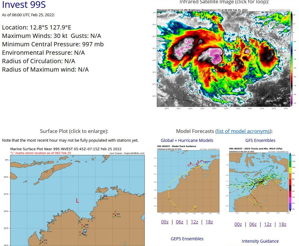 THE AREA OF CONVECTION (INVEST 99S) PREVIOUSLY LOCATED  NEAR 12.9S 128.6E IS NOW LOCATED NEAR 12.4S 128.4E, APPROXIMATELY  740KM WEST OF DARWIN, AUSTRALIA. ANIMATED ENHANCED INFRARED  SATELLITE IMAGERY AND A 241938Z SSMIS 91GHZ IMAGE REVEALS ELONGATED,  DEEP CONVECTION FLARING OVER A WELL DEFINED LOW LEVEL CIRCULATION  CENTER (LLCC). A 241339 ASCAT-B PARTIAL IMAGE SHOWS 25-30 KT WINDS  IN THE SOUTHWESTERN QUADRANT OF THE AREA. ENVIRONMENTAL ANALYSIS  REVEALS THAT THE INVEST IS IN A FAVORABLE ENVIRONMENT FOR  DEVELOPMENT DEFINED BY PRONOUNCED EQUATORWARD OUTFLOW AND WARM (30- 31C) SEA SURFACE TEMPERATURES. THESE ARE OFFSET BY UNFAVORABLE (25- 30KTS) VERTICAL WIND SHEAR AS DEPICTED ON THE 1800Z CIMSS DEEP LAYER  WIND SHEAR ANALYSIS. OBSERVATIONS FROM PT. FAWCETT REPORT 15KT  NORTHWESTERLY WINDS. GLOBAL MODELS ARE IN AGREEMENT REGARDING THE  INTENSIFICATION AS THE SYSTEM MEANDERS IN THE GULF OF BONAPARTE OVER  THE NEXT 24-48 HOURS. MAXIMUM SUSTAINED SURFACE WINDS ARE ESTIMATED  AT 25 TO 30 KNOTS. MINIMUM SEA LEVEL PRESSURE IS ESTIMATED TO BE  NEAR 1000 MB. THE POTENTIAL FOR THE DEVELOPMENT OF A SIGNIFICANT  TROPICAL CYCLONE WITHIN THE NEXT 24 HOURS IS UPGRADED TO HIGH.