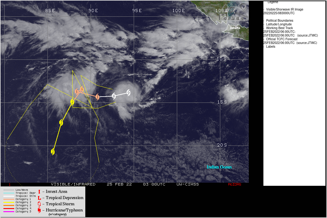 SATELLITE ANALYSIS, INITIAL POSITION AND INTENSITY DISCUSSION: ANIMATED MULTISPECTRAL SATELLITE IMAGERY (MSI) DEPICTS A VERY COMPACT SYSTEM, WHICH OVER THE PREVIOUS FEW HOURS HAS RAPIDLY CONSOLIDATED AND INTENSIFIED INTO A TROPICAL CYCLONE. THE PREVIOUS SIX-HOUR INTENSITY FROM 250000Z HAS BEEN REANALYZED AND IS NOW ASSESSED TO HAVE BEEN 35 KNOTS, INDICATING A 10 KNOT INTENSIFICATION IN THE LAST SIX HOURS. IN THE PAST COUPLE OF HOURS, ANIMATED MSI AND EIR SUGGEST THE DEVELOPMENT OF A DIMPLE AND WARM SPOT, SUGGESTIVE OF THE POSSIBILITY OF A NASCENT EYE FEATURE. HOWEVER, THE LACK OF ANY RECENT MICROWAVE IMAGERY PRECLUDES AND FULL UNDERSTANDING OF THE STORM STRUCTURE. THE INITIAL POSITION IS ASSESSED WITH MEDIUM CONFIDENCE BASED ON AN EXTRAPOLATION OF THE WELL DEFINED LOW LEVEL CIRCULATION CENTER (LLCC) IN A 250320Z ASCAT-C BULLSEYE PASS. THE INITIAL INTENSITY IS ASSESSED AT 45 KNOTS WITH MEDIUM CONFIDENCE, WELL ABOVE THE PGTW T2.5 ESTIMATE, BUT WELL BELOW THE T4.0 FROM APRF. CONSIDERABLE WEIGHT WAS GIVEN TO THE PREVIOUSLY MENTIONED ASCAT-C DATA WHICH INDICATED A FEW 45 KNOT WIND BARBS VERY NEAR THE CORE, THOUGH WITH SUCH A COMPACT CORE, ITS POSSIBLE THERE ARE HIGHER WINDS PRESENT THAT THE SCATTEROMETER RESOLUTION CAN'T PICK UP. ANALYSIS REVEALS A FAVORABLE ENVIRONMENT OF LOW VERTICAL WIND SHEAR, WARM SSTS, AND GOOD EQUATORWARD OUTFLOW ALOFT.
