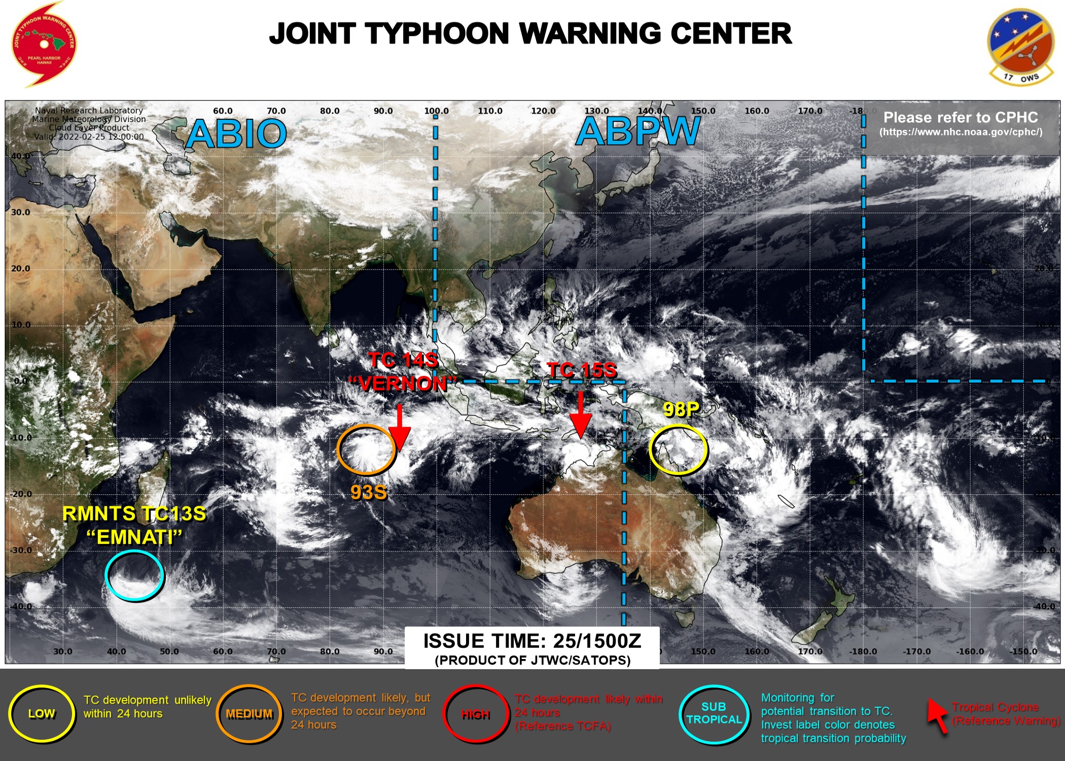 JTWC IS ISSUING 12HOURLY WARNINGS ON TC 14S(VERNON) AND 6HOURLY WARNINGS ON TC 15S. 3HOURLY SATELLITE BULLETINS ARE ISSUED ON 14S,15S, INVEST 93S AND INVEST 98P.
