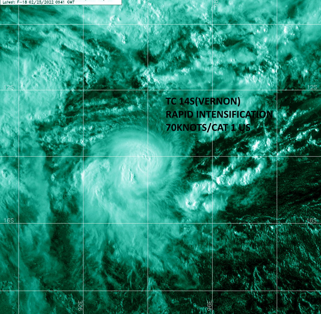 SATELLITE ANALYSIS, INITIAL POSITION AND INTENSITY DISCUSSION: TC 14S IS UNDERGOING A PERIOD OF VERY RAPID INTENSIFICATION, WITH THE INITIAL INTENSITY INCREASING FROM 45 KNOTS SIX HOURS AGO TO 70 KNOTS ON THIS WARNING. ANIMATED ENHANCED INFRARED (EIR) SATELLITE IMAGERY DEPICTS A VERY COMPACT SYSTEM WITH A WELL DEFINED PINHOLE EYE HAVING RAPIDLY DEVELOPED SINCE THE 250900Z HOUR. AT 1200Z THE EYE MEASURED SLIGHTLY LESS THAN 19KM WIDE. EYE TEMPERATURES WERE STILL VERY COLD, BUT CLOUD TOP TEMPERATURES REACHED AS LOW AS -86C IN THE STRONGEST HOT TOWERS SURROUNDING THE EYE. 250950Z GPM 37GHZ AND 89GHZ MICROWAVE IMAGERY DEPICTED THE EYE TO GOOD EFFECT, SURROUNDED BY A SOLID BAND OF DEEP CONVECTION. THE INITIAL POSITION IS PLACED WITH HIGH CONFIDENCE BASED ON THE 19KM EYE IN THE EIR AND AN EXTRAPOLATION OF THE MICROWAVE EYE FEATURE. THE INITIAL INTENSITY IS ASSESSED WITH MEDIUM CONFIDENCE, PRIMARILY BASED ON FORECAST ASSESSMENT OF THE STRUCTURE AND APPEARANCE OF THE SYSTEM. THE APRF ESTIMATE OF T4.0 IS CLOSER TO REALITY BUT LIKELY TOO LOW AS IS THE PGTW T3.5 AND THE ADT WHICH IS MISSING THE PINHOLE EYE FEATURE ALTOGETHER. THE SYSTEM IS INTENSIFYING UNDER VERY FAVORABLE CONDITIONS WITH LOW SHEAR, VERY WARM, HIGH OHC WATERS AND A SMALL POINT SOURCE OVER TOP OF THE SYSTEM PROVIDING GOOD LOCALIZED RADIAL OUTFLOW AND A WEAK POLEWARD OUTFLOW CHANNEL.