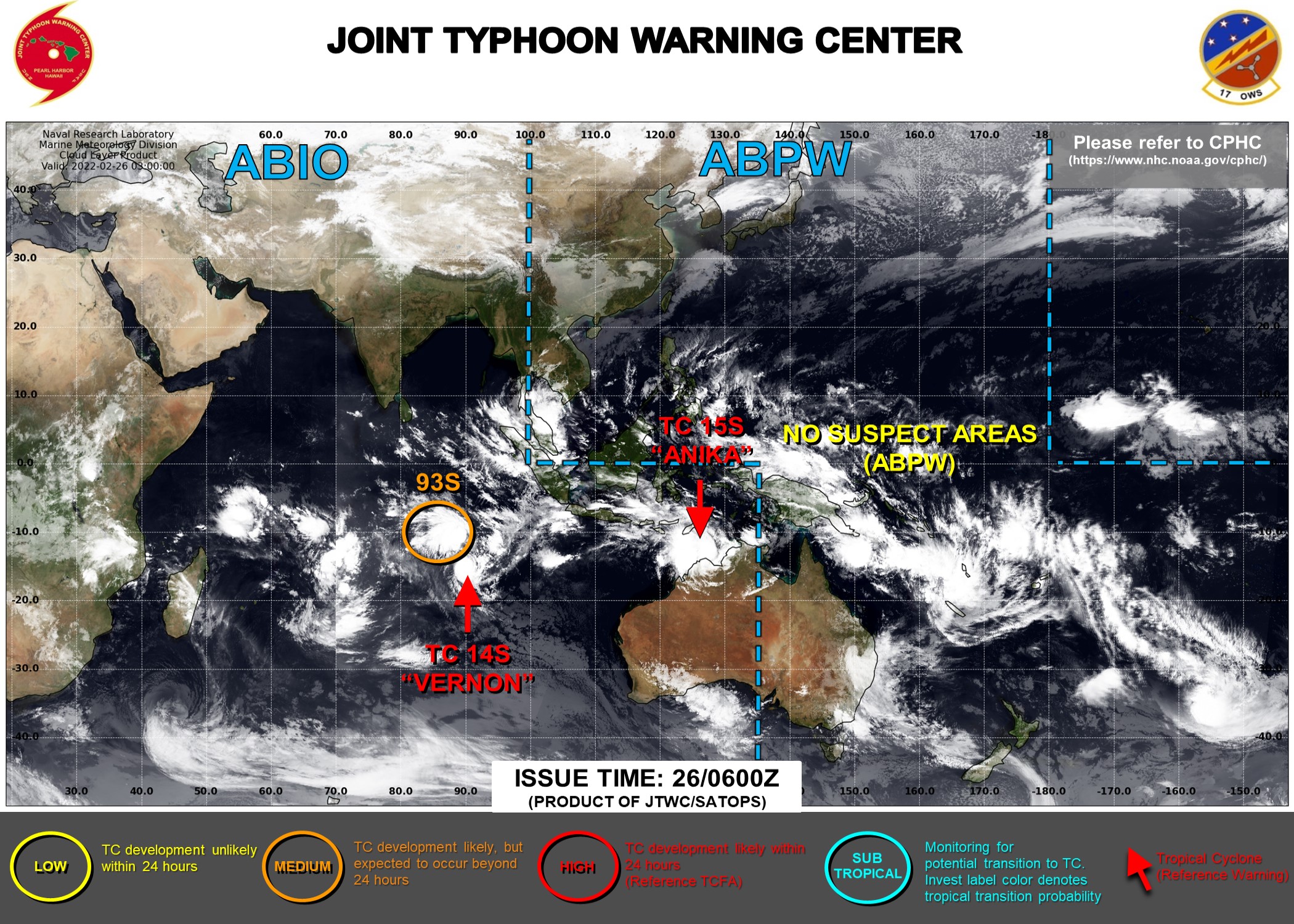 JTWC IS ISSUING 12HOURLY WARNINGS ON TC 14S(VERNON) AND 6HOURLY WARNINGS ON TC 15S. 3HOURLY SATELLITE BULLETINS ARE ISSUED ON 14S,15S, INVEST 93S AND INVEST 98P.