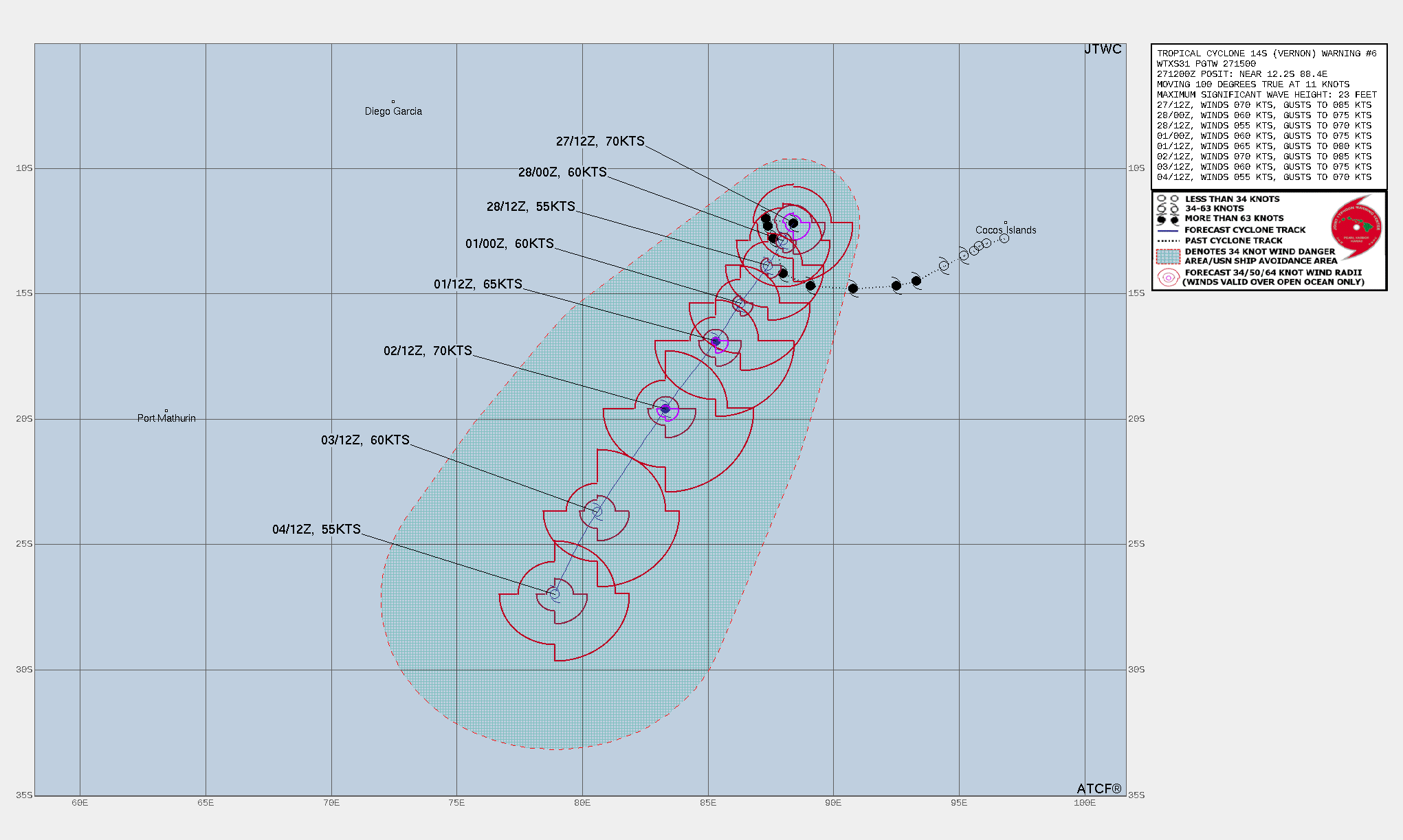 FORECAST REASONING.  SIGNIFICANT FORECAST CHANGES: THERE ARE NO SIGNIFICANT CHANGES TO THE FORECAST FROM THE PREVIOUS WARNING.  FORECAST DISCUSSION: TC VERNON IS EXPECTED TO TURN TOWARD THE SOUTHWEST AFTER COMPLETING THE BINARY INTERACTION WITH 93S. AFTER 12H, THE SUBTROPICAL RIDGE (STR) TO THE SOUTHEAST WILL RESUME STEERING AND DRIVE THE SYSTEM SOUTHWESTWARD FOR THE REMAINDER OF THE FORECAST. AS THE  CYCLONE TRACKS POLEWARD, THE HIGH VWS, THEN THE INFLUX OF COOL DRY  AIR IN THE LOWER LEVELS, AND COOLING SST WILL CONTRIBUTE TO A  GRADUAL WEAKENING - DOWN TO 55KTS BY 120H.