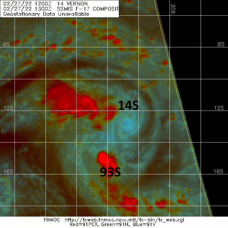 SATELLITE ANALYSIS, INITIAL POSITION AND INTENSITY DISCUSSION: ANIMATED ENHANCED INFRARED (EIR) SATELLITE IMAGERY DEPICTS THE SYSTEM WEAKENING DRAMATICALLY AS IT ENCOUNTERS AN UNFAVORABLE EASTERLY SHEAR ENVIRONMENT. A COL AREA TO THE NORTH AND ANOTHER TO THE WEST HAS IMPEDED TC 14S FORWARD AND WESTWARD PROGRESSION. THE LLC EJECTED TO THE EAST OF THE MAIN CONVECTIVE STRUCTURE AND IS NOW PARTIALLY EXPOSED. THEREFORE, THE INITIAL POSITION IS PLACED WITH MEDIUM CONFIDENCE BASED ON THE 271048Z SSMIS 91GHZ IMAGE. THE INITIAL INTENSITY IS ASSESSED WITH LOW CONFIDENCE DUE TO THE EXPOSED LLC LACK OF OBJECTIVE DATA AND REMAINS HIGHER THAN THE AUTOMATED DVORAK ESTIMATES. ANALYSIS INDICATES AN UNFAVORABLE ENVIRONMENT WITH UNFAVORABLE VWS AND SUBSIDENCE ON THE EAST SIDE OF TC 14S, OFFSET BY WARM SST AND MOSTLY STRONG EQUATORWARD OUTFLOW AND WEAK POLEWARD OUTFLOW.