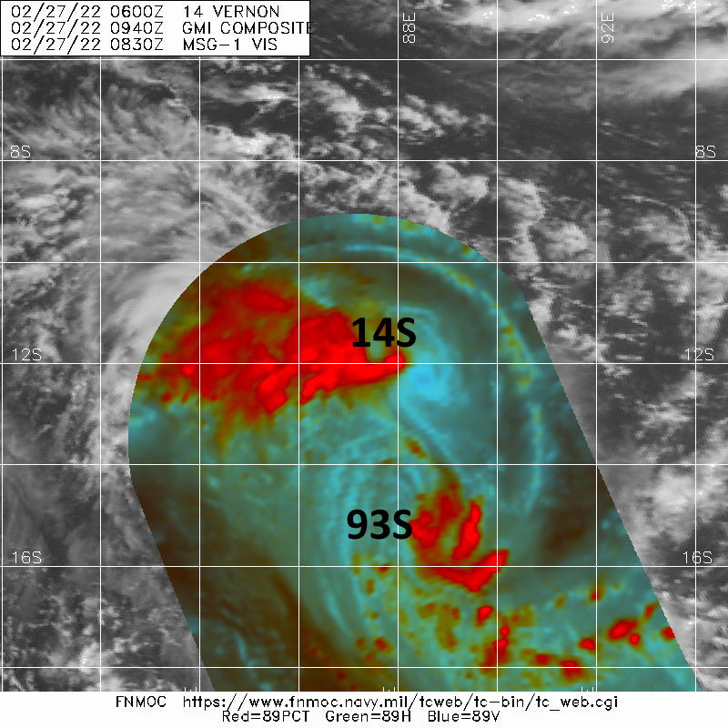 TC 14S(VERNON) absorbing Invest 93S and struggling: re-intensification expected after 24h// TC 15S(ANIKA) over-land//Invest 98P, 27/15utc