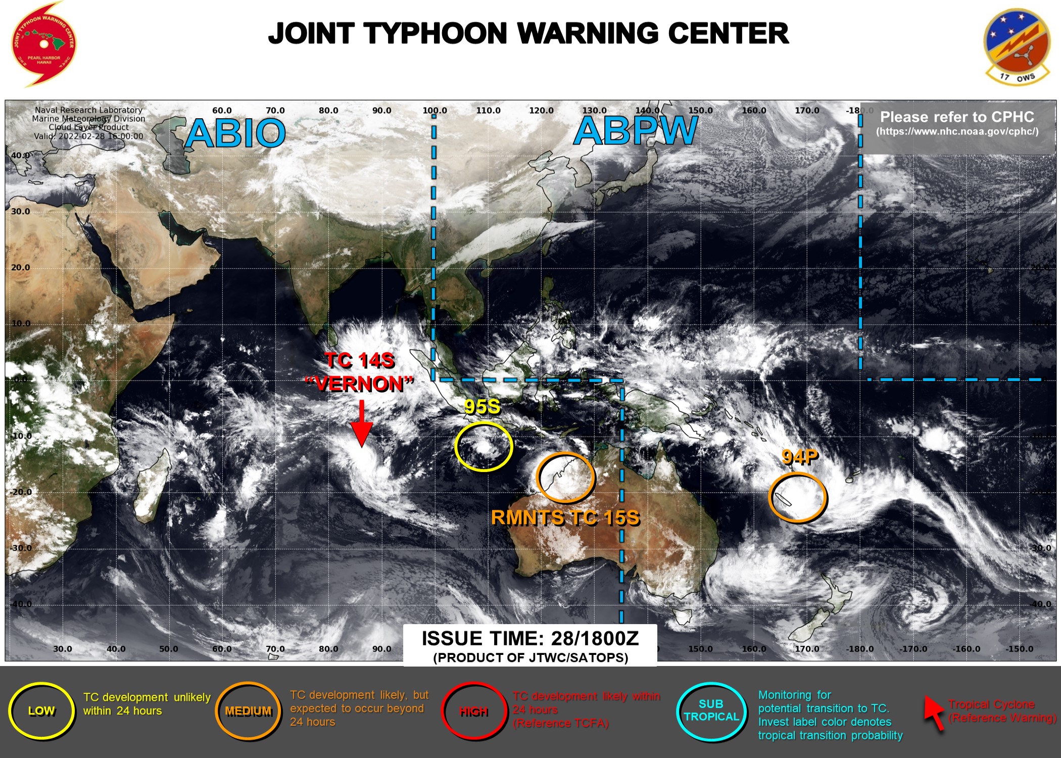 JTWC IS ISSUING 12HOURLY WARNINGS ON TC 14S(VERNON). 3HOURLY SATELLITE BULLETINS ARE ISSUED ON 14S, OVER-LAND TC 15S AND INVEST 94P.