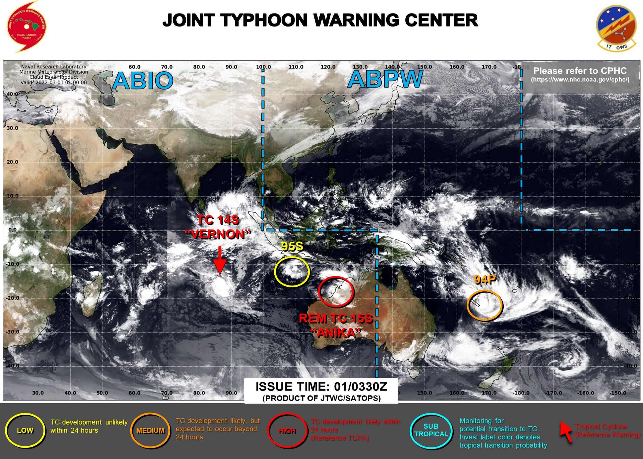 JTWC IS ISSUING 12HOURLY WARNINGS ON TC 14S(VERNON). 3HOURLY SATELLITE BULLETINS ARE ISSUED ON 14S, OVER-LAND TC 15S , INVEST 94P AND INVEST 95S.