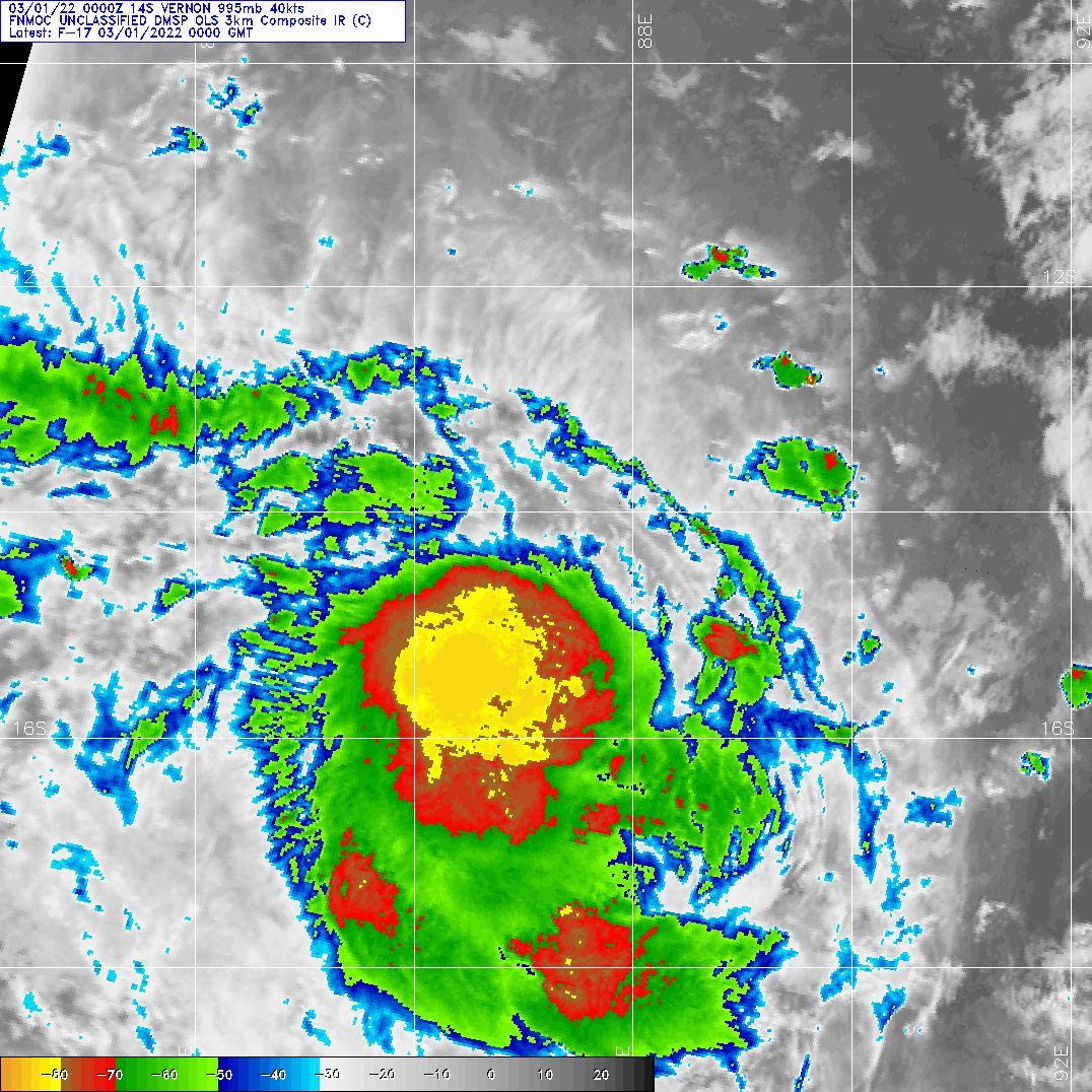 SATELLITE ANALYSIS, INITIAL POSITION AND INTENSITY DISCUSSION: ANIMATED MULTISPECTRAL SATELLITE IMAGERY (MSI) DEPICTS A RAGGED CIRCULATION WITH CONVECTION BEING SHEARED TO THE SOUTHEAST. A 282211Z SSMIS 91GHZ IMAGE DEPICTS A SYSTEM WITH FRAGMENTED CONVECTION ON THE SOUTHERN SIDE OF THE CIRCULATION. THE INITIAL POSITION IS BASED ON AN EXTRAPOLATION FROM THE CENTER OF THE LOW LEVEL BANDING IN THE PREVIOUSLY MENTIONED SSMIS IMAGE. THE INITIAL INTENSITY OF 45 KTS IS HEDGED SLIGHTLY LOWER THAN AGENCY DVORAK CURRENT INTENSITY ESTIMATES BASED ON AN OBSERVED WEAKENING TREND IN THE DT AND ALSO SEEN IN THE RAW ADT. TC 14S IS CURRENTLY IN A MARGINAL ENVIRONMENT CHARACTERIZED BY MODERATE VERTICAL WIND SHEAR AND LOW OCEAN HEAT CONTENT DUE TO THE SYSTEM PASSING OVER ITS PREVIOUS TRACK. SATELLITE ANALYSIS, INITIAL POSITION AND INTENSITY DISCUSSION: ANIMATED MULTISPECTRAL SATELLITE IMAGERY (MSI) DEPICTS A RAGGED CIRCULATION WITH CONVECTION BEING SHEARED TO THE SOUTHEAST. A 282211Z SSMIS 91GHZ IMAGE DEPICTS A SYSTEM WITH FRAGMENTED CONVECTION ON THE SOUTHERN SIDE OF THE CIRCULATION. THE INITIAL POSITION IS BASED ON AN EXTRAPOLATION FROM THE CENTER OF THE LOW LEVEL BANDING IN THE PREVIOUSLY MENTIONED SSMIS IMAGE. THE INITIAL INTENSITY OF 45 KTS IS HEDGED SLIGHTLY LOWER THAN AGENCY DVORAK CURRENT INTENSITY ESTIMATES BASED ON AN OBSERVED WEAKENING TREND IN THE DT AND ALSO SEEN IN THE RAW ADT. TC 14S IS CURRENTLY IN A MARGINAL ENVIRONMENT CHARACTERIZED BY MODERATE VERTICAL WIND SHEAR AND LOW OCEAN HEAT CONTENT DUE TO THE SYSTEM PASSING OVER ITS PREVIOUS TRACK.