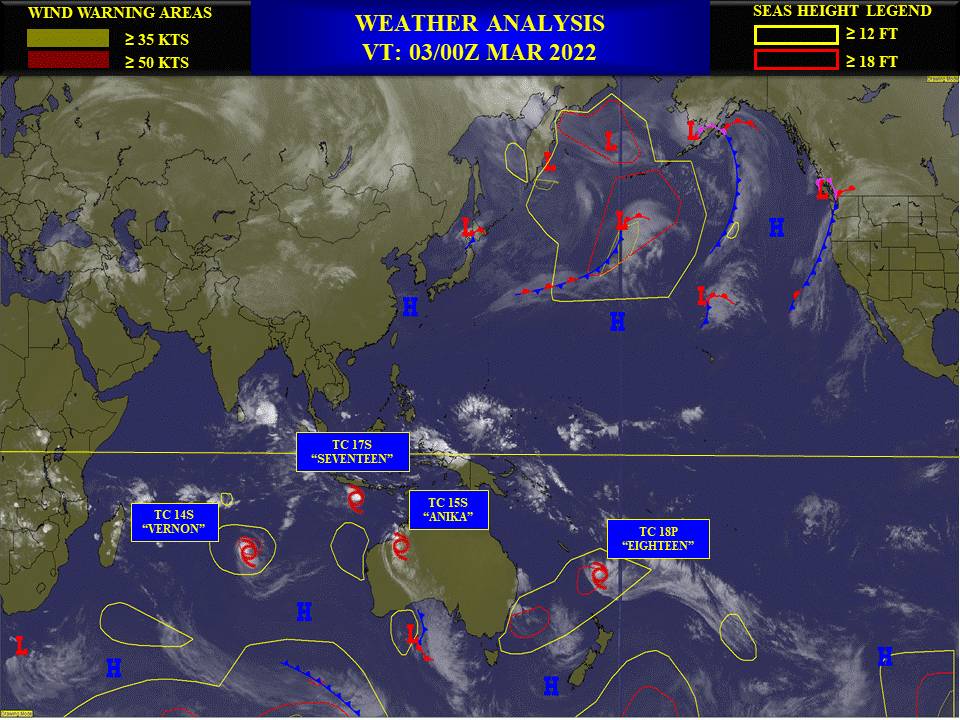 Busy map: TC 14S(VERNON)peaking within 12h//over-land TC 15S(ANIKA)//TC 17S final warning//TC 18P peaking within 12h//Invest 90B, 03/03utc