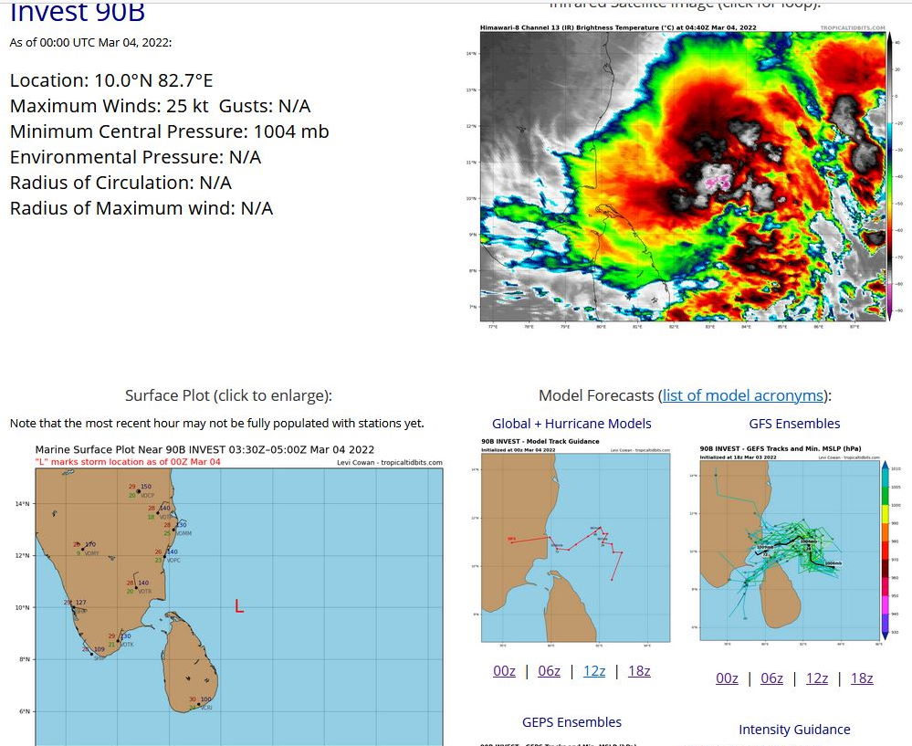 THE AREA OF CONVECTION (INVEST 90B) PREVIOUSLY LOCATED  NEAR 4.8N 87.6E IS NOW LOCATED NEAR 7.6N 84.5E, APPROXIMATELY 770 KM  SOUTHEAST OF CHENNAI, INDIA. ENHANCED INFRARED IMAGERY (EIR) AND A  031028Z SSMIS 91GHZ IMAGE DEPICT WEAK BANDS WRAPPING INTO A LOW  LEVEL CIRCULATION (LLC). IN ADDITION, DEEP CONVECTION EXISTS WITHIN  THE NORTHERN PERIPHERY OF THE SYSTEM. ENVIRONMENTAL ANALYSIS  INDICATES MARGINAL CONDITIONS FOR TROPICAL CYCLONE DEVELOPMENT TO  INCLUDE FAIR POLEWARD OUTFLOW, MODERATE (15-20KTS) VERTICAL WIND  SHEAR, AND VERY WARM (29-30C) SEA SURFACE TEMPERATURES. GLOBAL  MODELS ARE IN AGREEMENT THAT THE SYSTEM WILL TRACK NORTHWESTWARD AND  CONTINUE TO GRADUALLY INTENSIFY OVER THE NEXT 36-48HRS. MAXIMUM  SUSTAINED SURFACE WINDS ARE ESTIMATED AT 20 TO 25 KNOTS. MINIMUM SEA  LEVEL PRESSURE IS ESTIMATED TO BE NEAR 1004 MB. THE POTENTIAL FOR  THE DEVELOPMENT OF A SIGNIFICANT TROPICAL CYCLONE WITHIN THE NEXT 24  HOURS REMAINS MEDIUM.