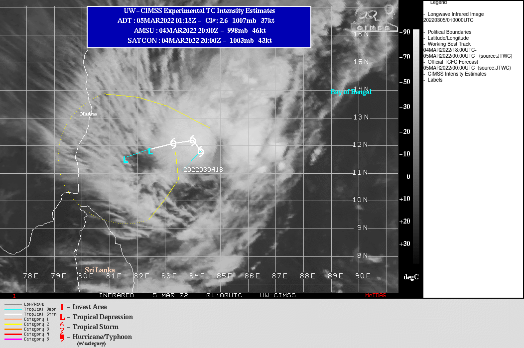 SATELLITE ANALYSIS, INITIAL POSITION AND INTENSITY DISCUSSION: ANIMATED ENHANCED INFRARED (EIR) SATELLITE IMAGERY DEPICTS A STEADY AREA OF CONVECTION OVER AN ASSESSED LOW LEVEL CIRCULATION CENTER (LLCC). A 042254Z SSMIS 91GHZ MICROWAVE IMAGE DEPICTS LOW LEVEL BANDING WITH AREAS OF CONVECTION ON THE WESTERN AND EASTERN PERIPHERIES OF THE LLCC. OTHER SCATTEROMETRY DATA REVEALS A RELATIVELY SYMMETRICAL CIRCULATION WITH 30-35KT WINDS IN THE NORTHWEST QUADRANT. THE INITIAL POSITION IS PLACED WITH MEDIUM CONFIDENCE BASED ON PGTW FIX, EIR AND MICROWAVE IMAGERY. THE INITIAL INTENSITY OF 35 KTS IS ASSESSED WITH MEDIUM CONFIDENCE BASED ON AFOREMENTIONED SCATTEROMETRY DATA, PGTW AND AUTOMATED DVORAKS.