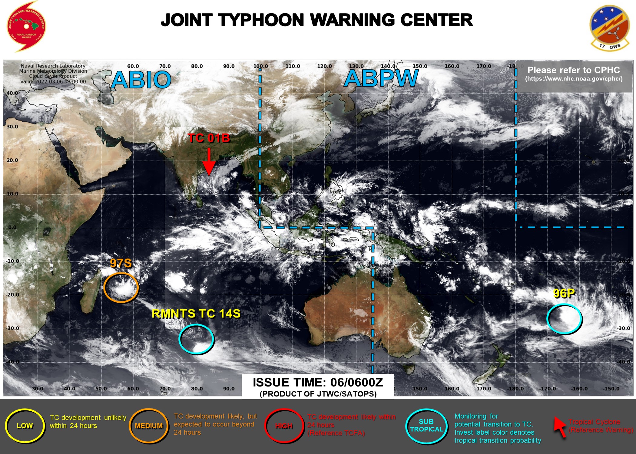 JTWC IS ISSUING 3HOURLY SATELLITE BULLETINS ON TC 01B, SUTROPICAL CYCLONE 14S AND INVEST 97S. SATELLITE BULLETINS ON INVEST 96P AND SUBTROPICAL CYCLONE 18P(EVA)WERE DISCONTINUED AT 06/06UTC.