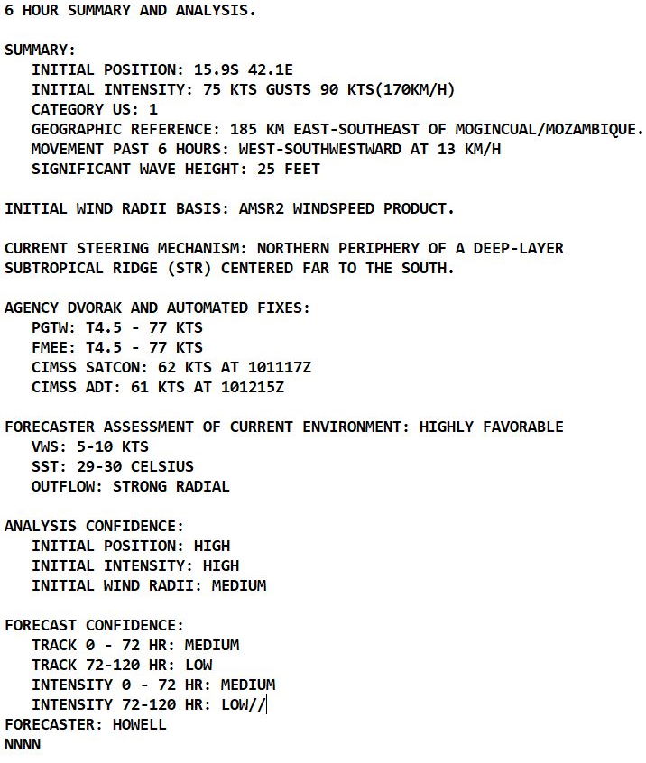 TC 19S(GOMBE):forecast to make landfall North of Angoche/MOZ as a dangerous CAT 3 US shorlty after 12h,major flooding likely once inland,10/15utc