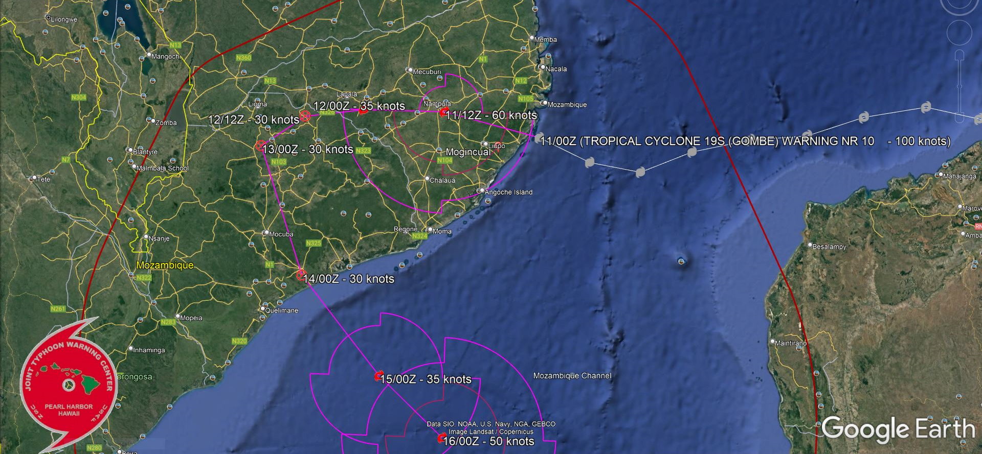 TC 19S(GOMBE): made landfall North of Angoche/MOZ as a dangerous CAT 3 US, slowly pushing inland next 48/72hours, Invests 99S, 90S,11/03utc