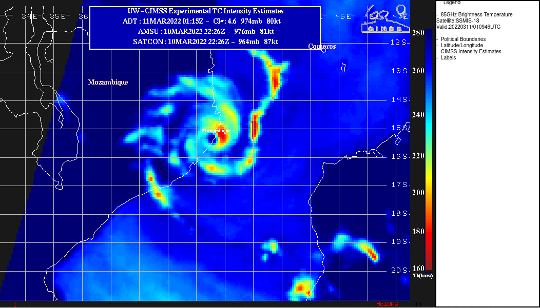 TC 19S(GOMBE): made landfall North of Angoche/MOZ as a dangerous CAT 3 US, slowly pushing inland next 48/72hours, Invests 99S, 90S,11/03utc