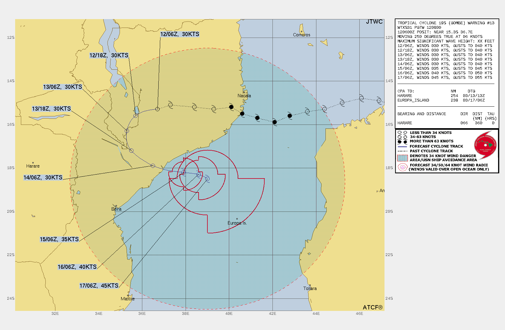 FORECAST REASONING.  SIGNIFICANT FORECAST CHANGES: THE EXTENDED FORECAST INTENSITIES OVER THE MOZAMBIQUE CHANNEL HAS BEEN INCREASED TO ABOVE 35 KTS; OTHERWISE, THERE ARE NO SIGNIFICANT CHANGES TO THE FORECAST FROM THE  PREVIOUS WARNING.   FORECAST DISCUSSION: TC 19S IS STRUGGLING TO REMAIN INTACT AS IT MOVES OVER THE RUGGED TERRAIN OF MOZAMBIQUE. TC 19S IS EXPECTED TO  RECURVE TO THE SOUTHWEST AS IT BEGINS ROUNDING THE FAR WESTERN EDGE  OF THE SUBTROPICAL RIDGE (STR) AXIS TO THE EAST-SOUTHEAST THROUGH THE NEXT 36-48 HOURS.  BY 48H, OR SLIGHTLY AFTER, TC 19S IS EXPECTED TO REGAIN ITS  MOISTURE SOURCE AS IT ENTERS BACK OVER THE MOZAMBIQUE CHANNEL NEAR  QUELIMANE AS A WEAK TROPICAL DEPRESSION AND THEN WILL REGAIN  INTENSITY TO TROPICAL STORM STRENGTH OVER THE NEXT 72-120 HOURS.