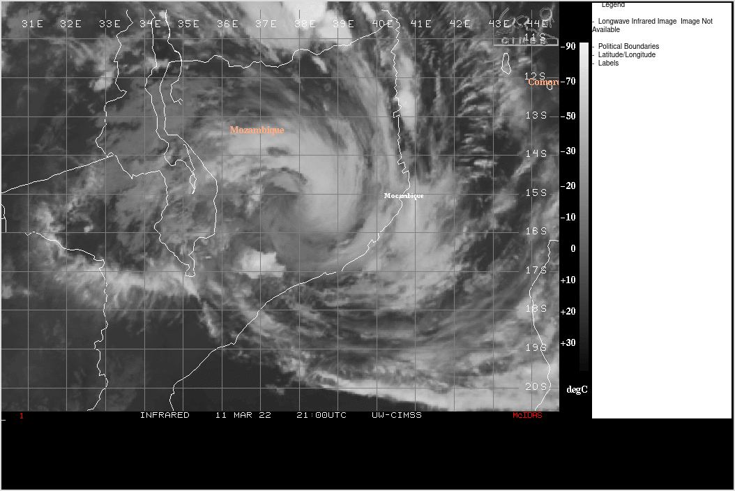SATELLITE ANALYSIS, INITIAL POSITION AND INTENSITY DISCUSSION: ANIMATED MULTISPECTRAL SATELLITE IMAGERY (MSI) DEPICTS AN EXPOSED LOW-LEVEL CIRCULATION (LLC) THAT HAS CONTINUED TO UNRAVEL AND WEAKEN IN INTENSITY. THE INITIAL POSITION IS PLACED WITH LOW CONFIDENCE AS THE LLC IS OBSCURED BY MID AND HIGH-LEVEL CLOUDS. VERY LITTLE CONVECTION REMAINS WITH TC 19S ON THE EASTERN AS INDICATED USING THE 120415Z SSMIS 89GHZ IMAGE. THE INITIAL INTENSITY OF 30KTS IS ASSESSED WITH LOW CONFIDENCE DUE TO A LACK OF OBJECTIVE AND SUBJECTIVE AIDS DUE TO THE SYSTEM REMAINING OVERLAND. THE OVERALL CONVECTIVE STRUCTURE HAS CONTINUED TO UNRAVEL OVER THE RUGGED TERRAIN OF MOZAMBIQUE. ALTHOUGH THE LOW (5-10KT) VWS AND UPPER-LEVEL OUTFLOW ARE BOTH FAVORABLE, THE LACK OF A MOISTURE SOURCE AND TERRAIN INFLUENCE DECREASE THE OVERALL ENVIRONMENT TO UNFAVORABLE. TC 19S WILL CONTINUE TRACKING ALONG THE NORTHWEST PERIPHERY OF THE STR TO THE SOUTHEAST.