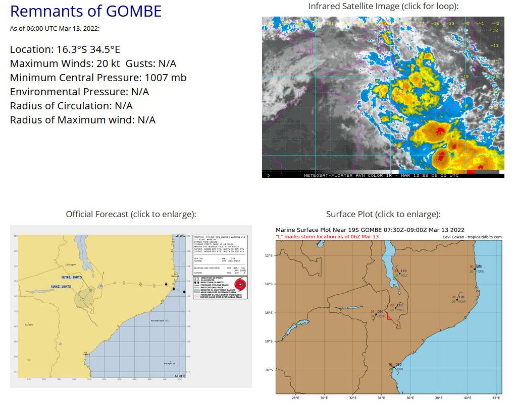 South Indian Ocean: Tropical Cyclone Formation Alert issued for Invest 90S//Remnants of TC 19S(GOMBE): weakening over-land,13/09utc