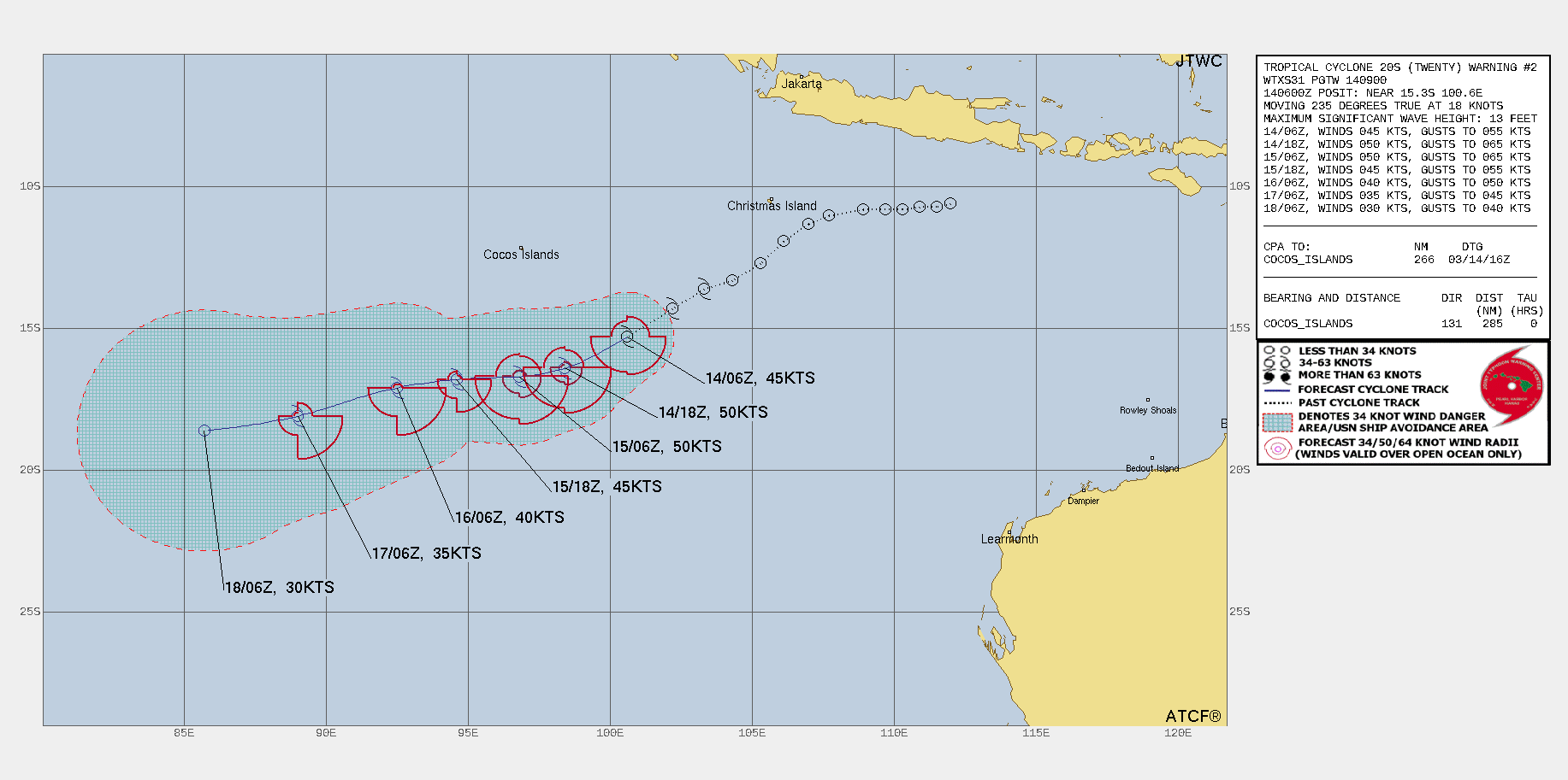 FORECAST REASONING.  SIGNIFICANT FORECAST CHANGES: THERE ARE NO SIGNIFICANT CHANGES TO THE FORECAST FROM THE PREVIOUS WARNING.  FORECAST DISCUSSION: TC 20S REMAINS ON A WEST-SOUTHWESTWARD TRACK AS IT CONTINUES TO BE STEERED BY THE SUBTROPICAL RIDGE (STR) TO THE SOUTHEAST FOR THE REMAINDER OF THE FORECAST. THE FAVORABLE ENVIRONMENT WILL HELP THE SYSTEM INTENSIFY SLIGHTLY THROUGH 36H TO A PEAK OF 50KTS IN THE NEAR FORECAST TIME. AFTERWARD, INCREASING VWS WILL BEGIN OFFSETTING THE OTHER DYNAMICS AND BEGIN ERODING THE SYSTEM DOWN TO 30KTS BETWEEN 72H AND 96H.