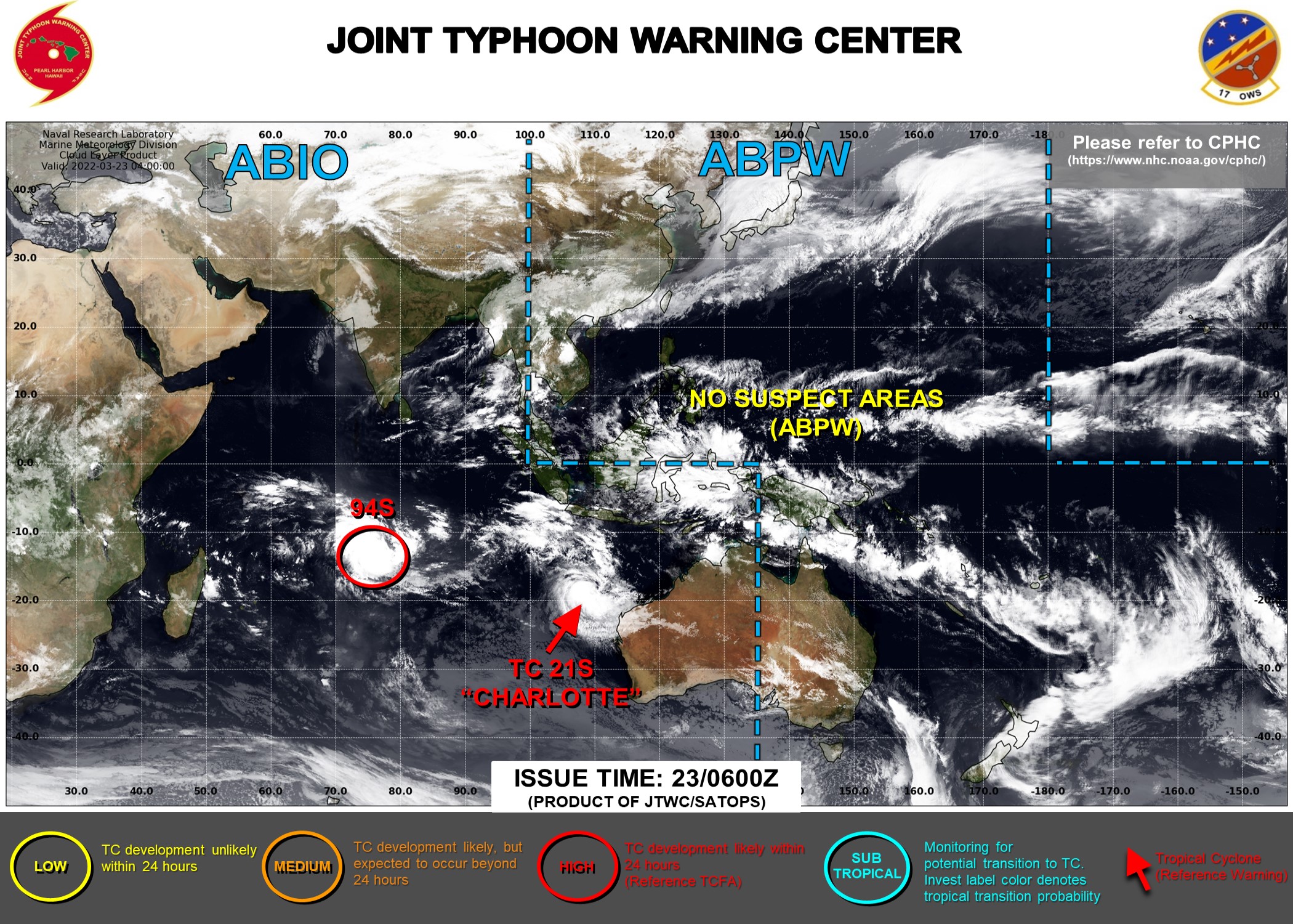 TC 21S(CHARLOTTE): CAT 1 US and weakening// Invest 94S: likely marked intensification next 72hours//Invest 91B: off the map,23/06utc TC 21S(CHARLOTTE): CAT 1 US and weakening// Invest 94S: likely marked intensification next 72hours//Invest 91B: off the map,23/06utc