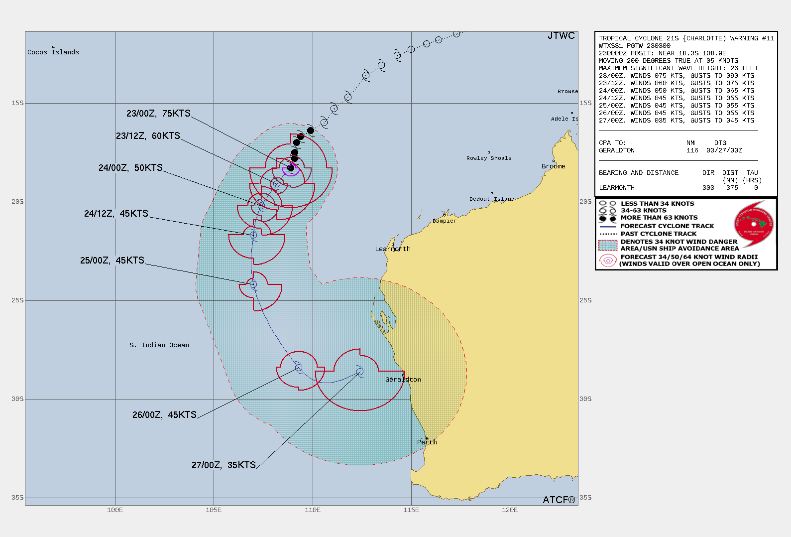 FORECAST REASONING.  SIGNIFICANT FORECAST CHANGES: THERE ARE NO SIGNIFICANT CHANGES TO THE FORECAST FROM THE PREVIOUS WARNING.  FORECAST DISCUSSION: TC CHARLOTTE REMAINS UNDER THE INFLUENCE OF THE STR TO THE SOUTHEAST AS IT CONTINUES TO ROUND THE SUBTROPICAL RIDGE (STR) AXIS. TC 21S WILL STAY ON A SOUTHWEST TRACK THROUGH 36H, THEN ROUND THE STR AXIS AND TRACK SOUTHERLY UNTIL 60H, WHEN IT BEGINS TO ENCROACH UPON COOLER WATERS AND ENHANCED VWS FROM AN UPPER-LEVEL TROUGH. THE APPROACHING TROUGH WILL BEGIN TO INFLUENCE THE OVERALL TRACK MOTION TOWARDS THE AUSTRALIAN COAST NEAR PERTH THROUGH THE REMAINDER OF THE FORECAST. NEARING 60H AND BEFORE 72H, TC 21S WILL BEGIN TRANSITIONING INTO A SUBTROPICAL SYSTEM. AT 96H, TC CHARLOTTE WILL COMPLETE TRANSFORMATION INTO A GALE FORCED SUBTROPICAL SYSTEM WITH AN EXPANDING WIND FIELD BEFORE IT NEARS THE AUSTRALIAN COAST. FORECAST REASONING.  SIGNIFICANT FORECAST CHANGES: THERE ARE NO SIGNIFICANT CHANGES TO THE FORECAST FROM THE PREVIOUS WARNING.  FORECAST DISCUSSION: TC CHARLOTTE REMAINS UNDER THE INFLUENCE OF THE STR TO THE SOUTHEAST AS IT CONTINUES TO ROUND THE SUBTROPICAL RIDGE (STR) AXIS. TC 21S WILL STAY ON A SOUTHWEST TRACK THROUGH 36H, THEN ROUND THE STR AXIS AND TRACK SOUTHERLY UNTIL 60H, WHEN IT BEGINS TO ENCROACH UPON COOLER WATERS AND ENHANCED VWS FROM AN UPPER-LEVEL TROUGH. THE APPROACHING TROUGH WILL BEGIN TO INFLUENCE THE OVERALL TRACK MOTION TOWARDS THE AUSTRALIAN COAST NEAR PERTH THROUGH THE REMAINDER OF THE FORECAST. NEARING 60H AND BEFORE 72H, TC 21S WILL BEGIN TRANSITIONING INTO A SUBTROPICAL SYSTEM. AT 96H, TC CHARLOTTE WILL COMPLETE TRANSFORMATION INTO A GALE FORCED SUBTROPICAL SYSTEM WITH AN EXPANDING WIND FIELD BEFORE IT NEARS THE AUSTRALIAN COAST.