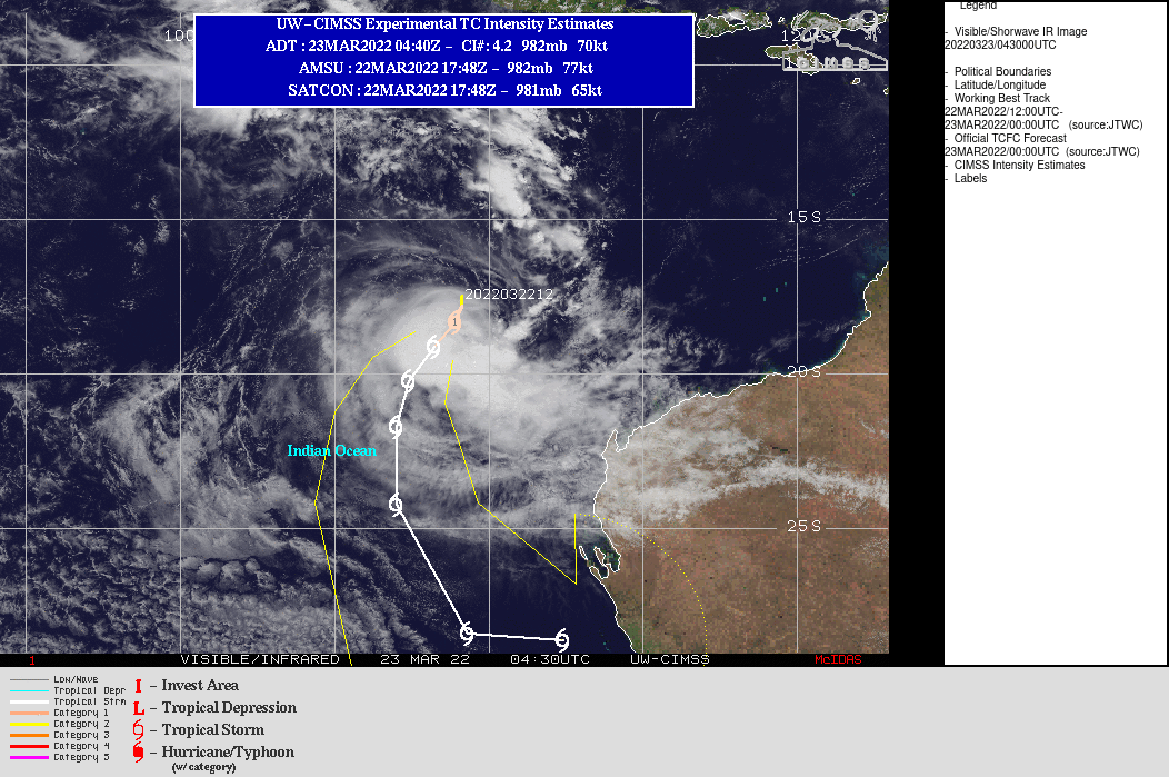 SATELLITE ANALYSIS, INITIAL POSITION AND INTENSITY DISCUSSION: ANIMATED MULTISPECTRAL SATELLITE IMAGERY (MSI) DEPICTS A MEDIUM-SIZED SYSTEM WITH DEEP CENTRAL CONVECTION REMAINING ON THE  SOUTH SIDE OF THE THE LOW-LEVEL CIRCULATION (LLC). THE INITIAL  POSITION IS PLACED WITH HIGH CONFIDENCE BASED ON THE MSI LOOP AND  EXTRAPOLATION FROM A 230115Z GMI 37GHZ IMAGE. THE INITIAL INTENSITY  OF 75KTS/CAT 1 US IS ASSESSED WITH HIGH CONFIDENCE BASED ON MULTIPLE AGENCY  DVORAK FIXES, EACH SHOWING A DECREASING TREND ALONG WITH THE  ADVANCED DVORAK TECHNIQUE (ADT). ANALYSIS INDICATES A MARGINALLY  UNFAVORABLE ENVIRONMENT WITH STRONG POLEWARD OUTFLOW AND WARM SST  OFFSET BY MODERATE TO STRONG VERTICAL WIND SHEAR. THE CYCLONE IS  TRACKING ALONG THE NORTHWEST PERIPHERY OF THE STR TO THE SOUTHEAST. SATELLITE ANALYSIS, INITIAL POSITION AND INTENSITY DISCUSSION: ANIMATED MULTISPECTRAL SATELLITE IMAGERY (MSI) DEPICTS A MEDIUM-SIZED SYSTEM WITH DEEP CENTRAL CONVECTION REMAINING ON THE  SOUTH SIDE OF THE THE LOW-LEVEL CIRCULATION (LLC). THE INITIAL  POSITION IS PLACED WITH HIGH CONFIDENCE BASED ON THE MSI LOOP AND  EXTRAPOLATION FROM A 230115Z GMI 37GHZ IMAGE. THE INITIAL INTENSITY  OF 75KTS/CAT 1 US IS ASSESSED WITH HIGH CONFIDENCE BASED ON MULTIPLE AGENCY  DVORAK FIXES, EACH SHOWING A DECREASING TREND ALONG WITH THE  ADVANCED DVORAK TECHNIQUE (ADT). ANALYSIS INDICATES A MARGINALLY  UNFAVORABLE ENVIRONMENT WITH STRONG POLEWARD OUTFLOW AND WARM SST  OFFSET BY MODERATE TO STRONG VERTICAL WIND SHEAR. THE CYCLONE IS  TRACKING ALONG THE NORTHWEST PERIPHERY OF THE STR TO THE SOUTHEAST.