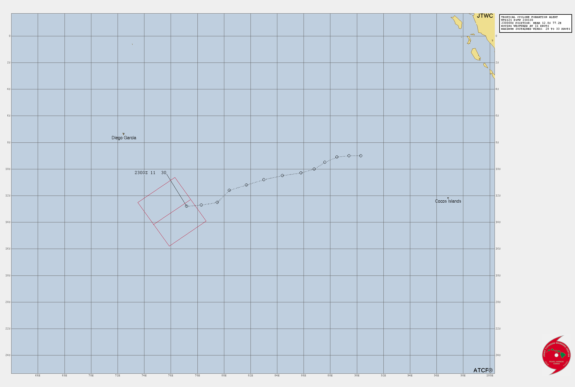 FORMATION OF A SIGNIFICANT TROPICAL CYCLONE IS POSSIBLE WITHIN 120 NM EITHER SIDE OF A LINE FROM 12.8S 77.7E TO 14.1S 74.7E WITHIN THE NEXT 12 TO 24 HOURS. AVAILABLE DATA DOES NOT JUSTIFY ISSUANCE OF NUMBERED TROPICAL CYCLONE WARNINGS AT THIS TIME. WINDS IN THE AREA ARE ESTIMATED TO BE 28 TO 33 KNOTS. METSAT IMAGERY AT 230000Z INDICATES THAT A CIRCULATION CENTER IS LOCATED NEAR 12.8S 77.2E. THE SYSTEM IS MOVING WESTWARD AT 20 KM/H. 2. REMARKS: THE AREA OF CONVECTION (INVEST 94S) PREVIOUSLY LOCATED  NEAR 12.7S 79.3E IS NOW LOCATED NEAR 12.8S 77.2E, APPROXIMATELY 810  KM SOUTHEAST OF DIEGO GARCIA. ENHANCED ANIMATED MULTISPECTRAL  SATELLITE IMAGERY AND A 222233Z SSMIS 91GHZ IMAGE DEPICTS  ACCELERATED INTENSIFICATION AND STRUCTURE WITH CONSOLIDATING DEEP  CONVECTION NEAR THE LOW-LEVEL CIRCULATION (LLC). ENVIRONMENTAL  ANALYSIS INDICATES FAVORABLE CONDITIONS FOR DEVELOPMENT DEFINED BY  STRONG POLEWARD AND WESTWARD OUTFLOW ALOFT, LOW (10-15KTS) VERTICAL  WIND SHEAR, AND WARM (29-30C) SEA SURFACE TEMPERATURES. GLOBAL  MODELS ARE IN GOOD AGREEMENT THAT 94S WILL CONTINUE TO CONSOLIDATE  AND DEVELOP WITH POTENTIAL FOR RAPID INTENSIFICATION OVER THE NEXT  72 HOURS. MAXIMUM SUSTAINED SURFACE WINDS ARE ESTIMATED AT 28 TO 33  KNOTS. MINIMUM SEA LEVEL PRESSURE IS ESTIMATED TO BE NEAR 1003 MB.  THE POTENTIAL FOR THE DEVELOPMENT OF A SIGNIFICANT TROPICAL CYCLONE WITHIN THE NEXT 24 HOURS IS HIGH. FORMATION OF A SIGNIFICANT TROPICAL CYCLONE IS POSSIBLE WITHIN 120 NM EITHER SIDE OF A LINE FROM 12.8S 77.7E TO 14.1S 74.7E WITHIN THE NEXT 12 TO 24 HOURS. AVAILABLE DATA DOES NOT JUSTIFY ISSUANCE OF NUMBERED TROPICAL CYCLONE WARNINGS AT THIS TIME. WINDS IN THE AREA ARE ESTIMATED TO BE 28 TO 33 KNOTS. METSAT IMAGERY AT 230000Z INDICATES THAT A CIRCULATION CENTER IS LOCATED NEAR 12.8S 77.2E. THE SYSTEM IS MOVING WESTWARD AT 20 KM/H. 2. REMARKS: THE AREA OF CONVECTION (INVEST 94S) PREVIOUSLY LOCATED  NEAR 12.7S 79.3E IS NOW LOCATED NEAR 12.8S 77.2E, APPROXIMATELY 810  KM SOUTHEAST OF DIEGO GARCIA. ENHANCED ANIMATED MULTISPECTRAL  SATELLITE IMAGERY AND A 222233Z SSMIS 91GHZ IMAGE DEPICTS  ACCELERATED INTENSIFICATION AND STRUCTURE WITH CONSOLIDATING DEEP  CONVECTION NEAR THE LOW-LEVEL CIRCULATION (LLC). ENVIRONMENTAL  ANALYSIS INDICATES FAVORABLE CONDITIONS FOR DEVELOPMENT DEFINED BY  STRONG POLEWARD AND WESTWARD OUTFLOW ALOFT, LOW (10-15KTS) VERTICAL  WIND SHEAR, AND WARM (29-30C) SEA SURFACE TEMPERATURES. GLOBAL  MODELS ARE IN GOOD AGREEMENT THAT 94S WILL CONTINUE TO CONSOLIDATE  AND DEVELOP WITH POTENTIAL FOR RAPID INTENSIFICATION OVER THE NEXT  72 HOURS. MAXIMUM SUSTAINED SURFACE WINDS ARE ESTIMATED AT 28 TO 33  KNOTS. MINIMUM SEA LEVEL PRESSURE IS ESTIMATED TO BE NEAR 1003 MB.  THE POTENTIAL FOR THE DEVELOPMENT OF A SIGNIFICANT TROPICAL CYCLONE WITHIN THE NEXT 24 HOURS IS HIGH.